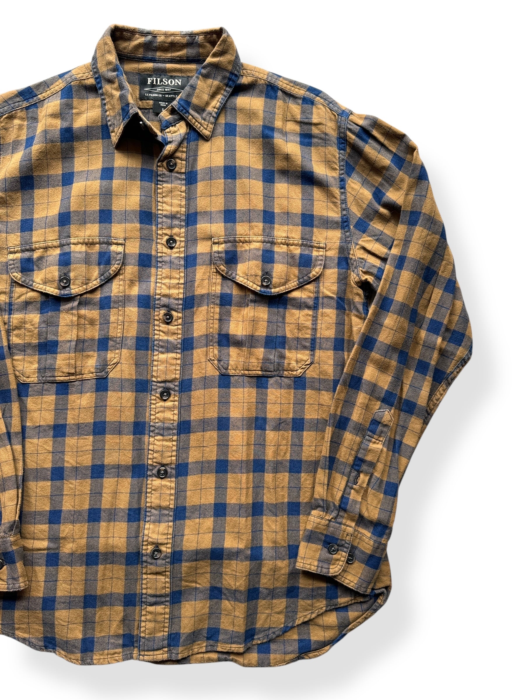 Front Left of Filson Brown Blue Plaid Cotton Shirt SZ S