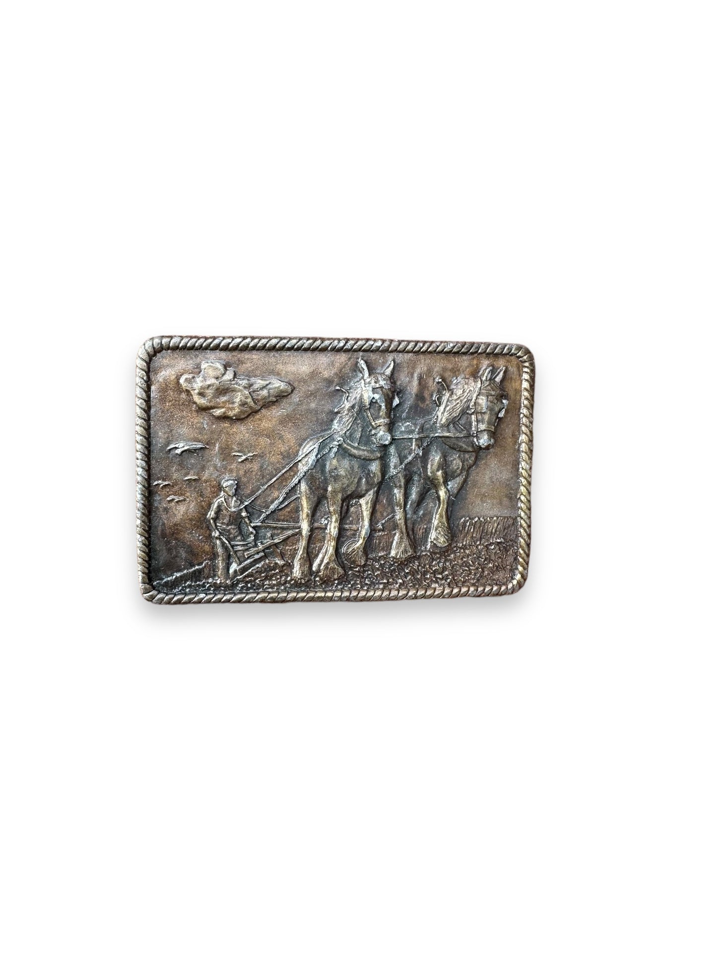 Front View of Vintage 1976 Bergamot Brass Works Farmer Belt Buckle