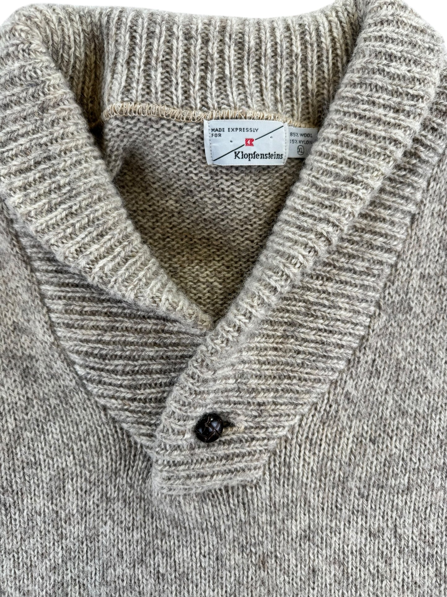 Collar view of Klopfensein's Shawl Collar Wool Sweater XL