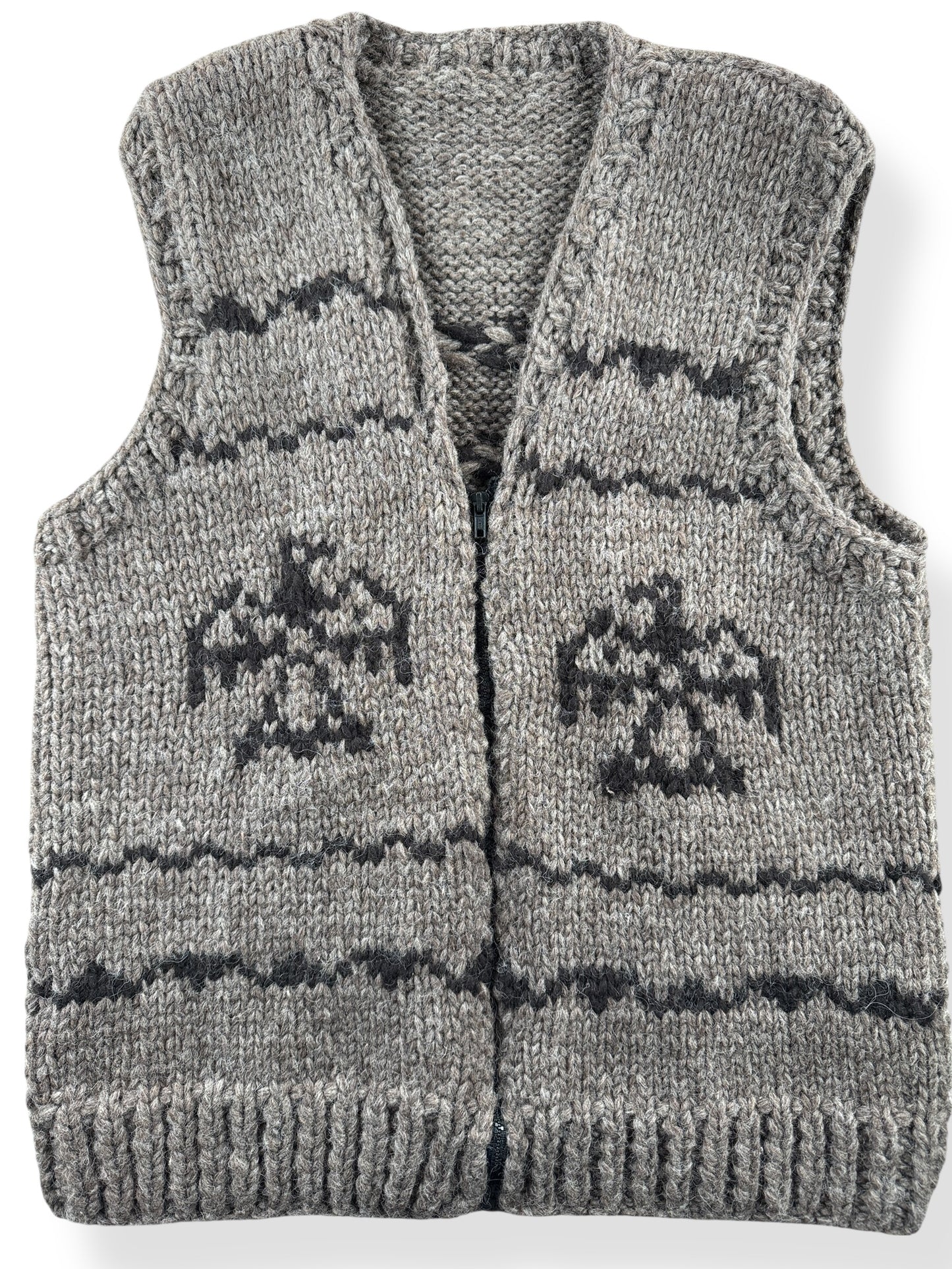 Front Close Up of Hand knit Thunderbird Cowichan Style Sweater Vest SZ M