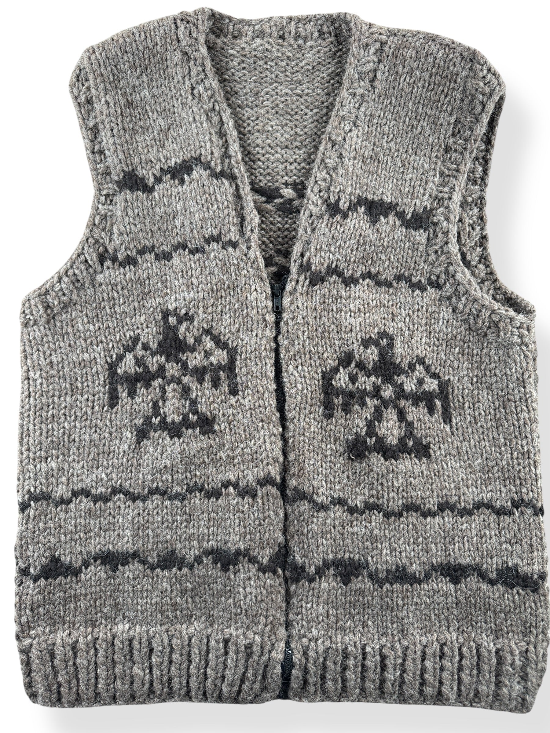 Front Close Up of Hand knit Thunderbird Cowichan Style Sweater Vest SZ M