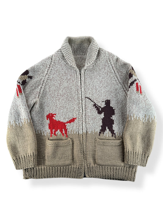 Front of Vintage Pheasant Hunting Themed Cowichan Style Sweater SZ XL