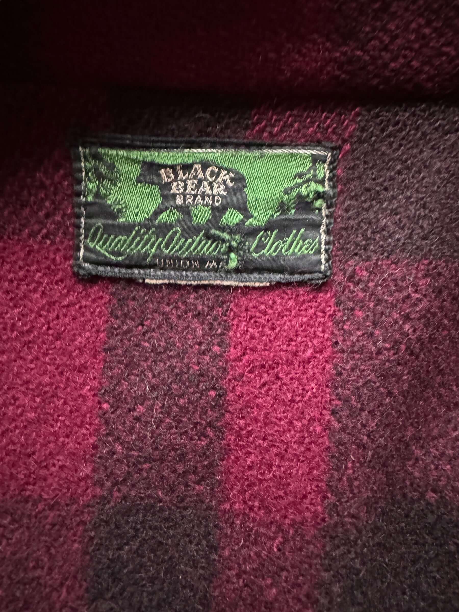 tag on Vintage Black Bear Double Mack Maroon/Black Plaid Wool Coat SZ 40