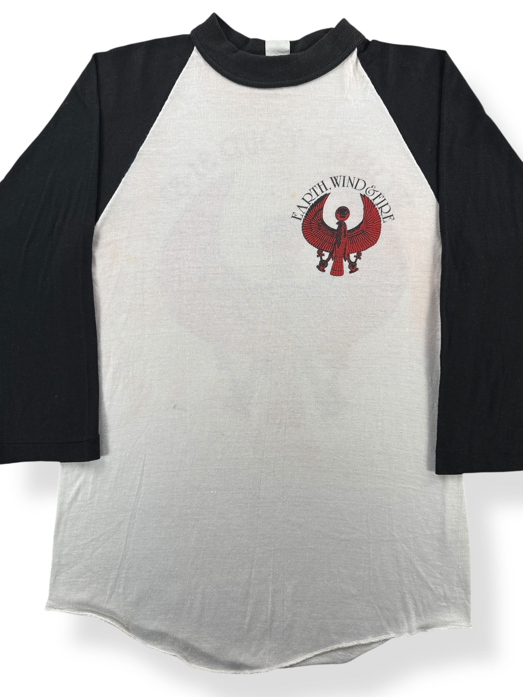 Front Close Up of Vintage 1982 Earth Wind And Fire Raglan Tee SZ M (Fits S)