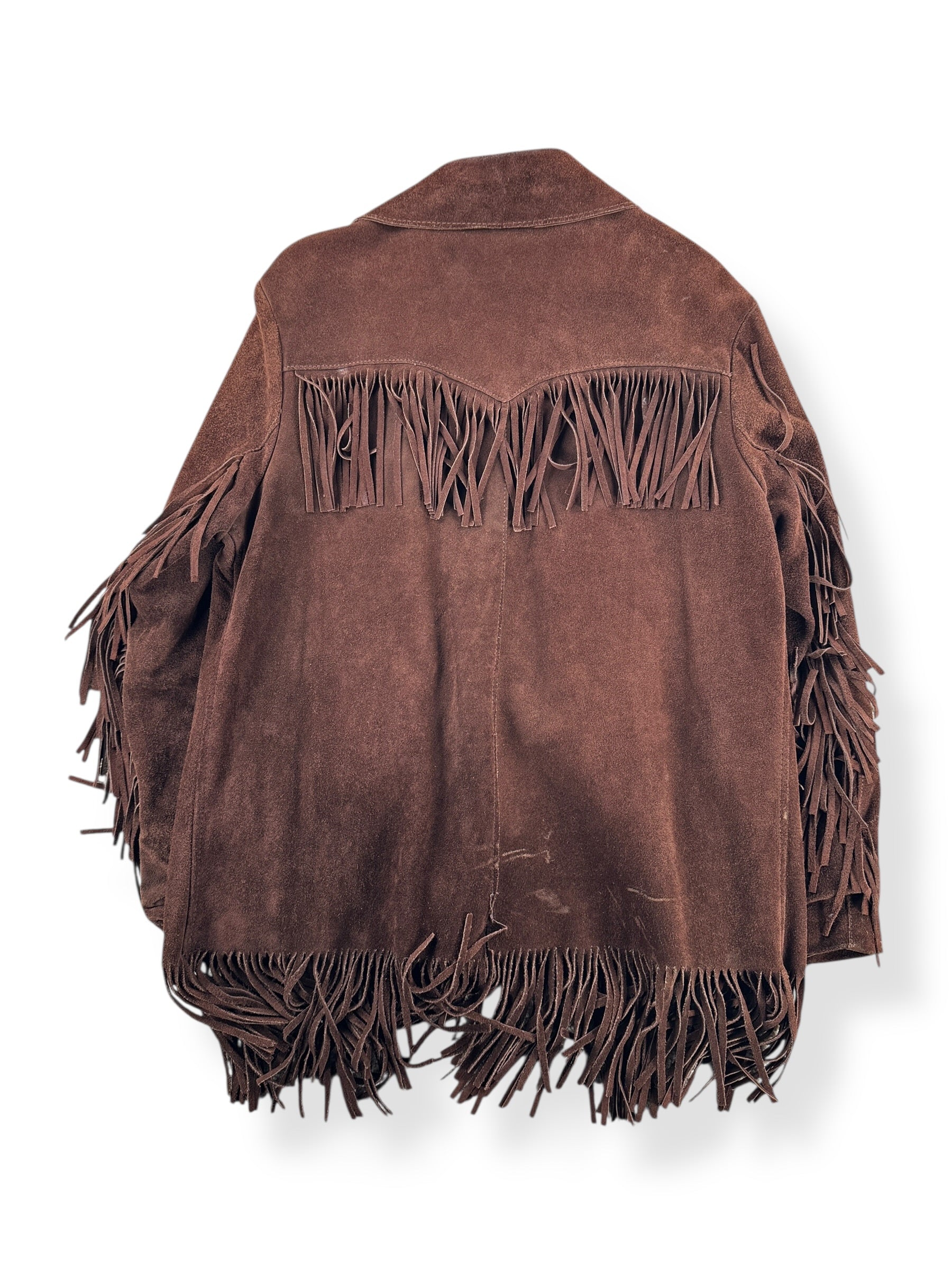 Back of Vintage Miller Western Wear Dark Brown Suede Fringe Jacket SZ L