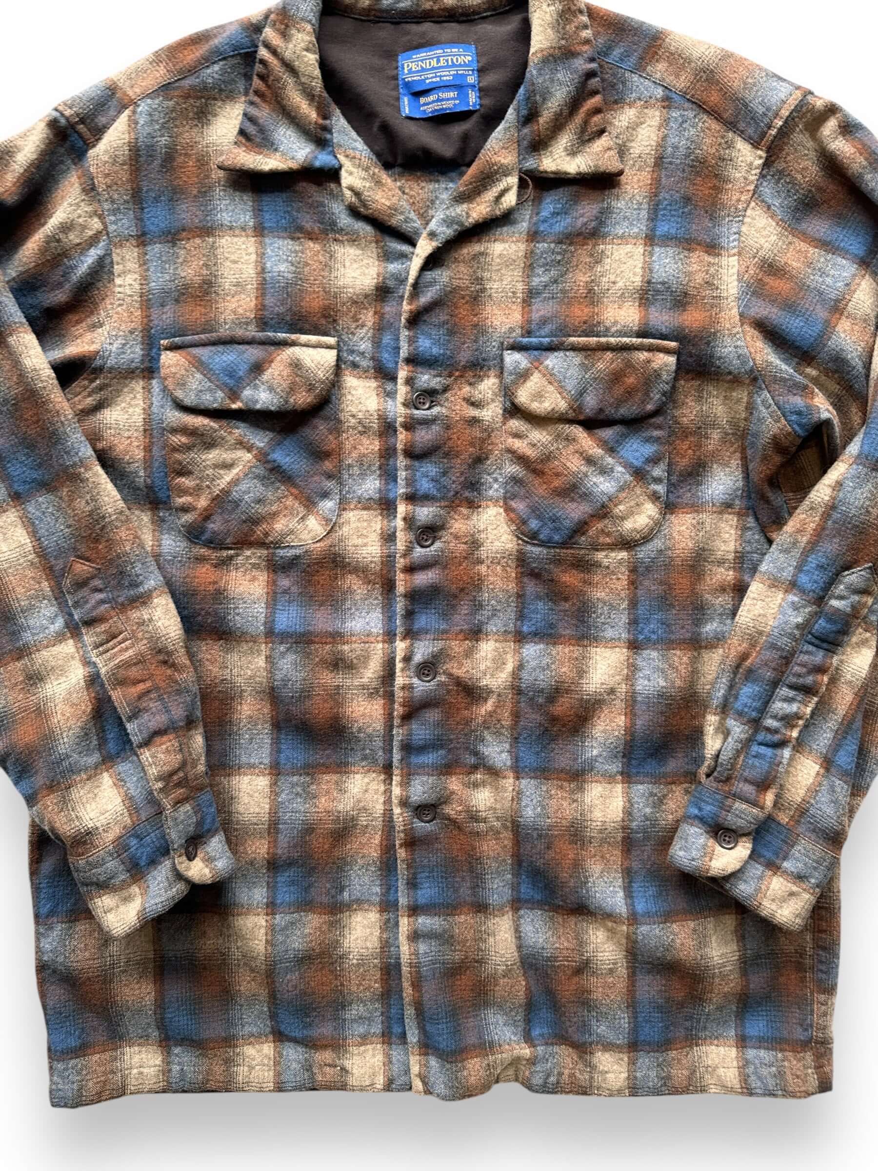 front close up of Vintage Pendleton Brown/Blue Wool Board Shirt SZ L