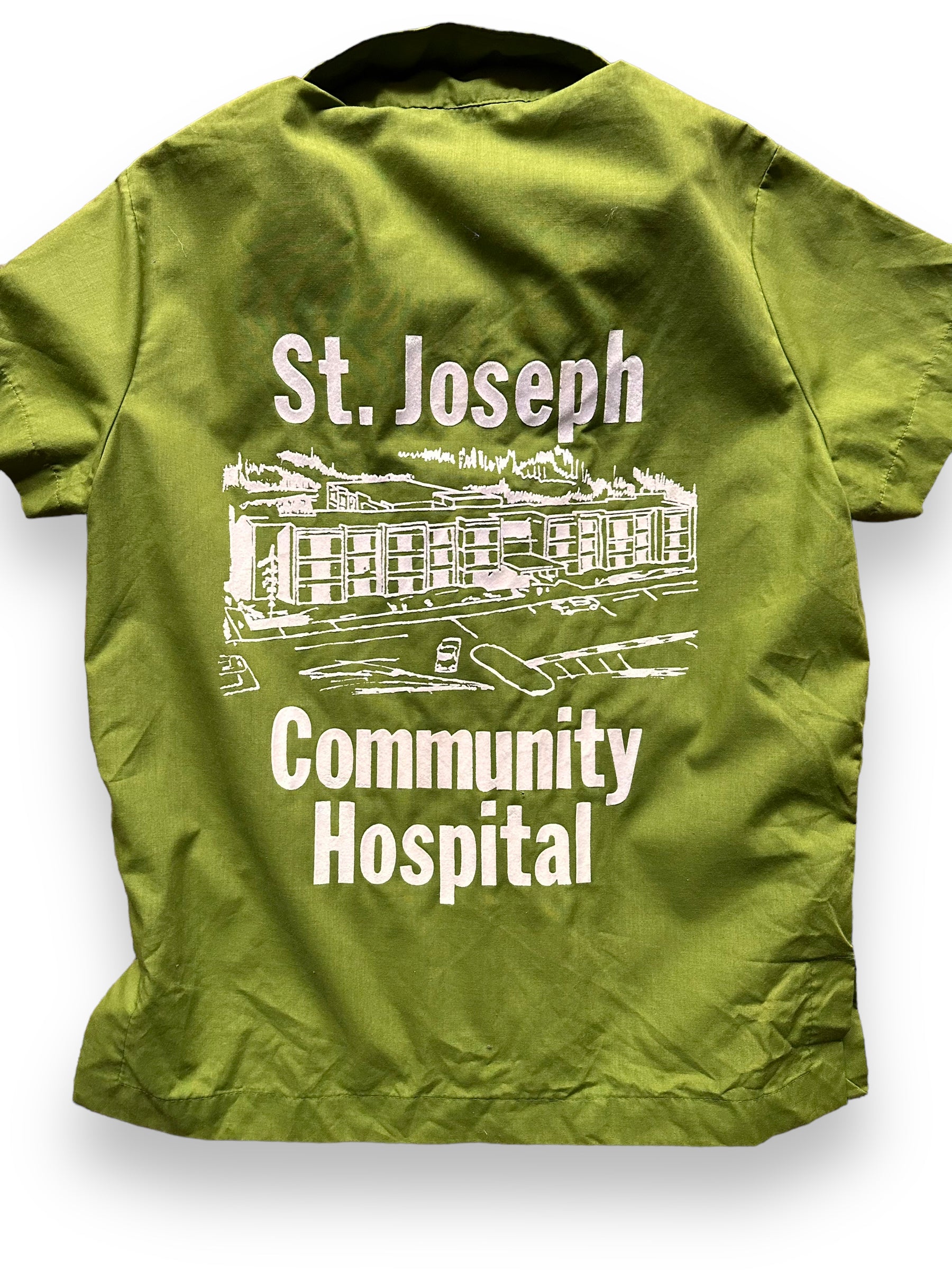 back close up of Vintage St. Josephs Community Hospital Flocked Ladies Bowling Shirt SZ L | Vintage Bowling Shirt Seattle | Barn Owl Vintage Seattle