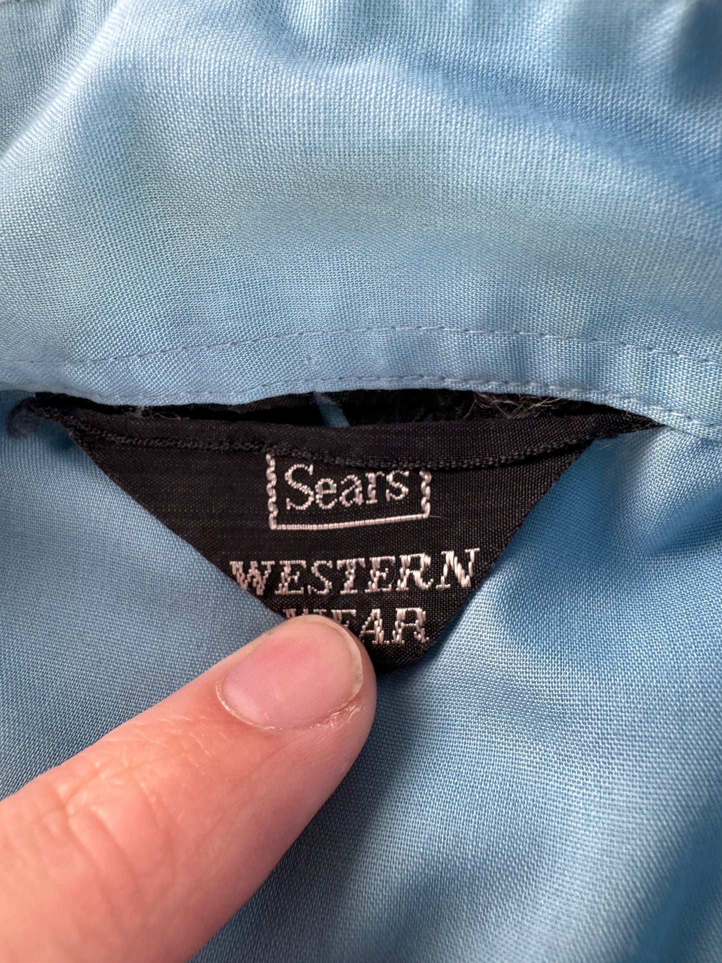 Tag on Vintage Sears Cotton/Poly Light Blue Pearlsnap SZ S