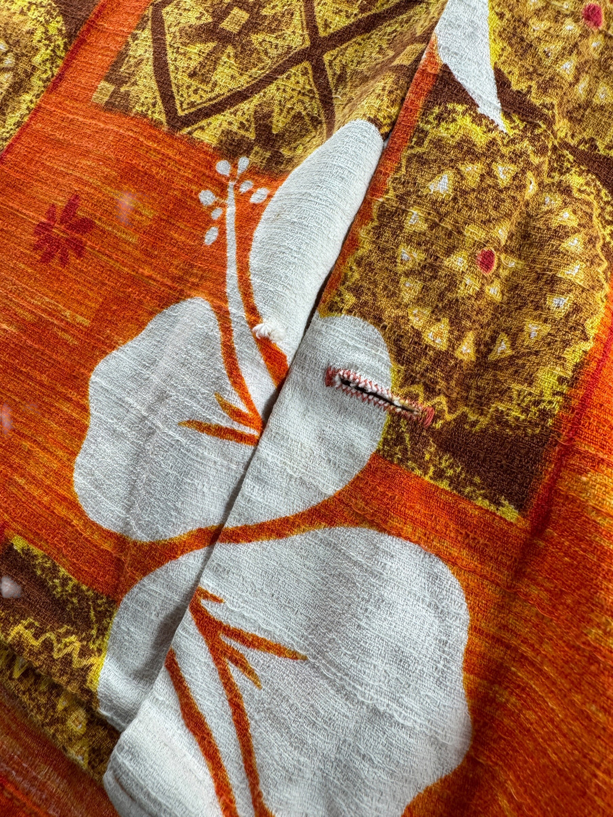 Missing button on Vintage Barkcloth Aloha Shirt - AS IS SZ S