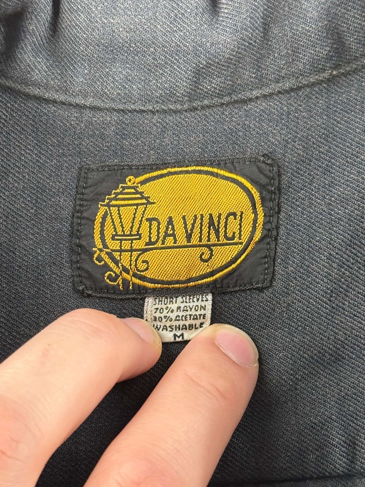 Tags on Vintage 1960s DaVinci Black Rayon Blend Popover Shirt SZ M