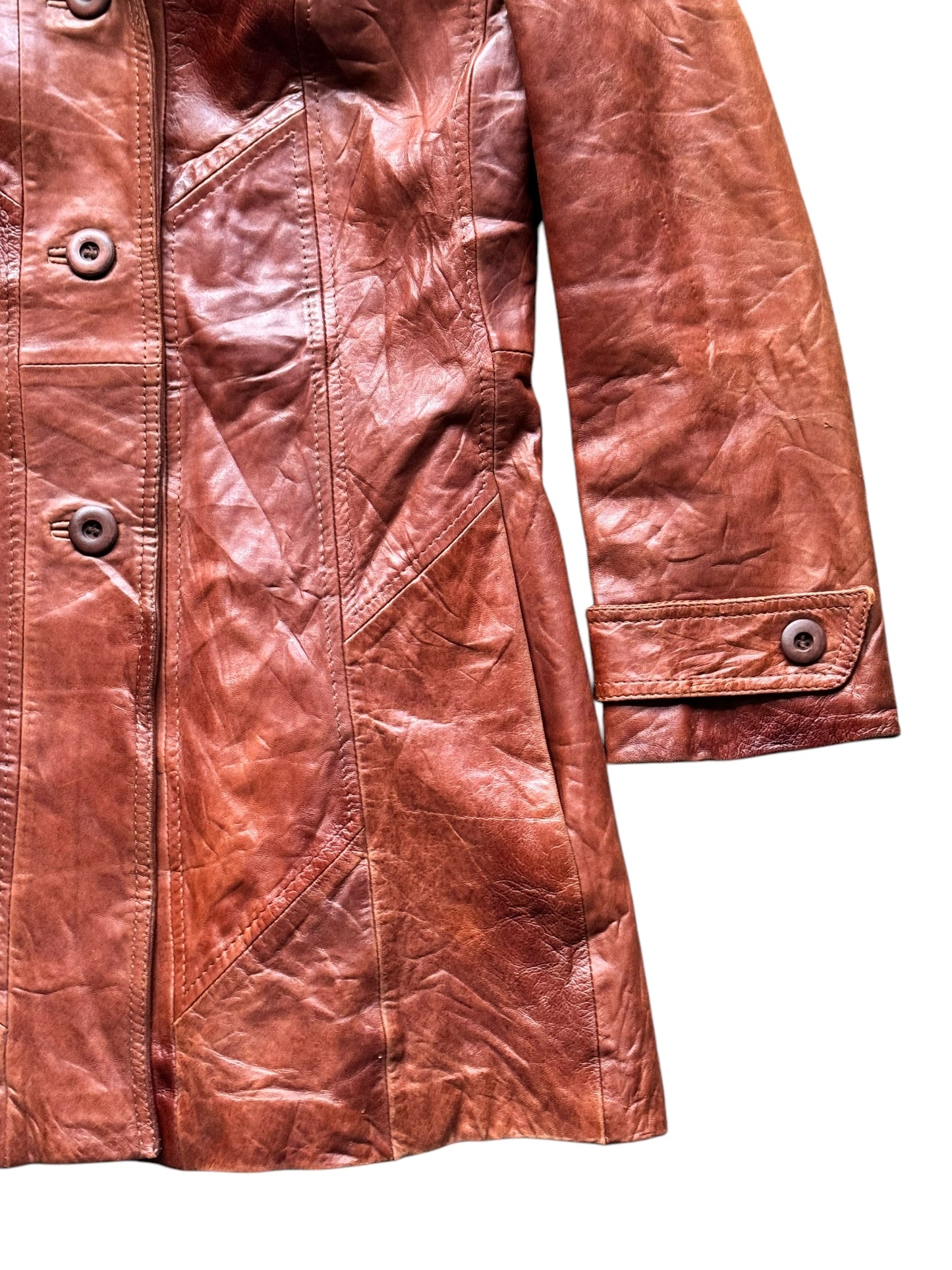 Front lower left side of 1970s Skin Gear Leather Coat L