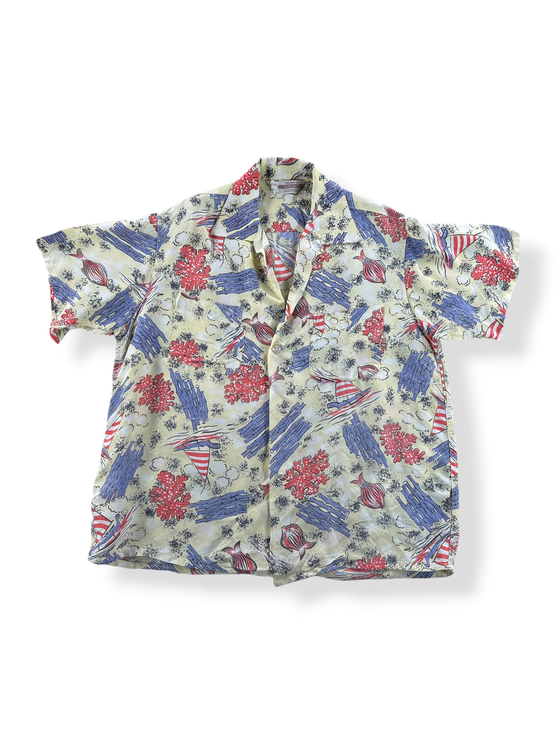 Front of Vintage Penney's Topflight Rayon Fixer Aloha Shirt SZ M