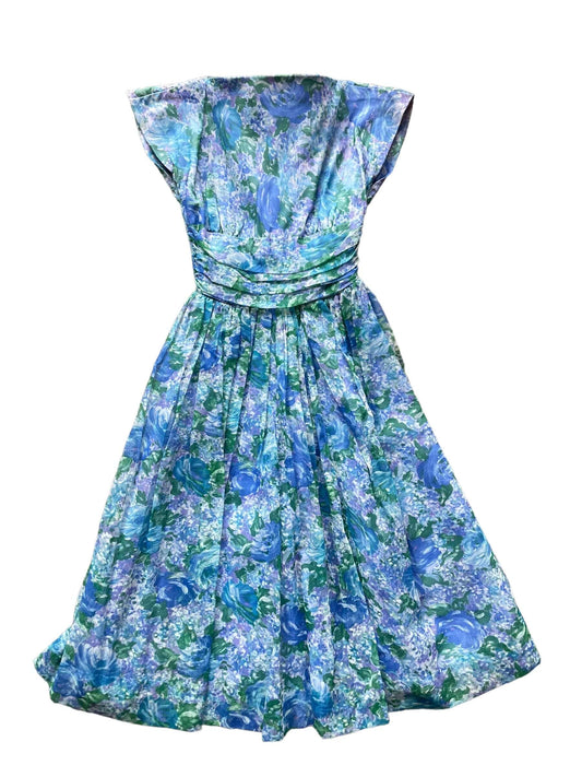 Full front view of Vintage 1950s Formal Blue Floral Dress SZ XS | Seattle True Vintage Dresses | Barn Owl Vintage Ladies Clothing