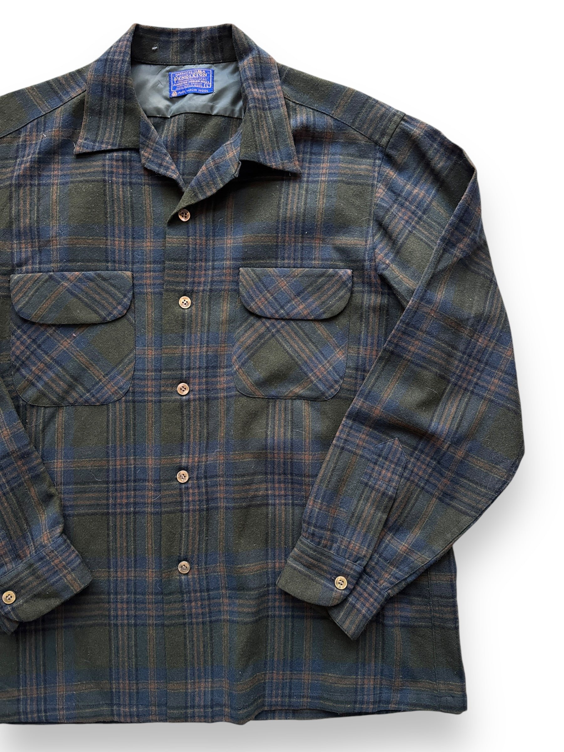 front left of Vintage Pendleton Olive/Blue/Brown Board Shirt SZ L