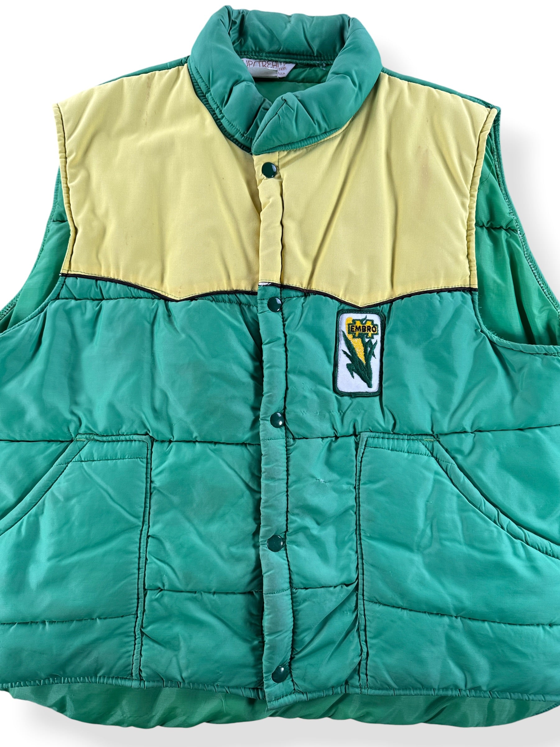 Front Close Up of Vintage Upstream Embro Western Puffer Vest SZ L