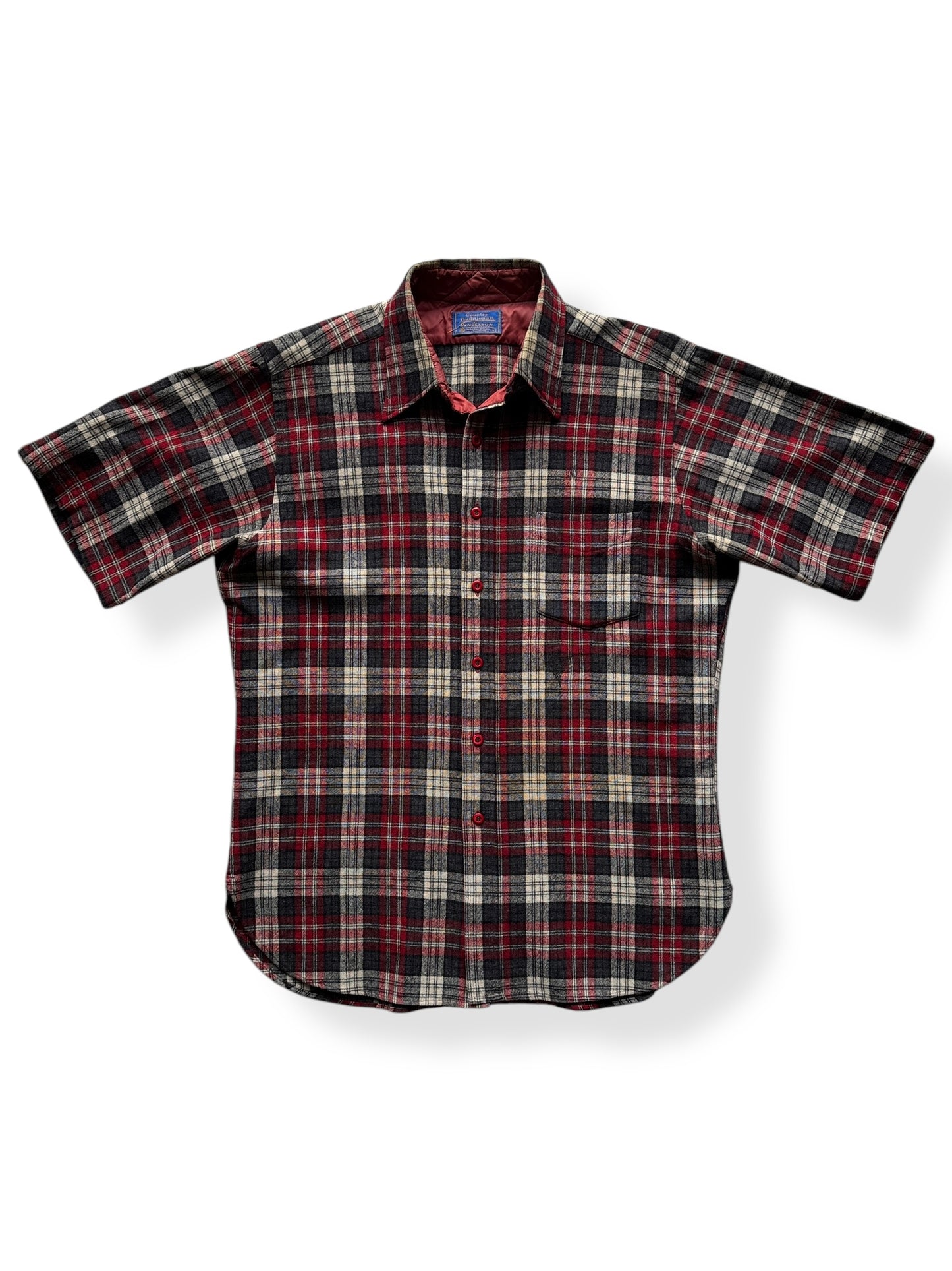 Front of Red and Grey Plaid Short Sleeve Pendleton SZ L