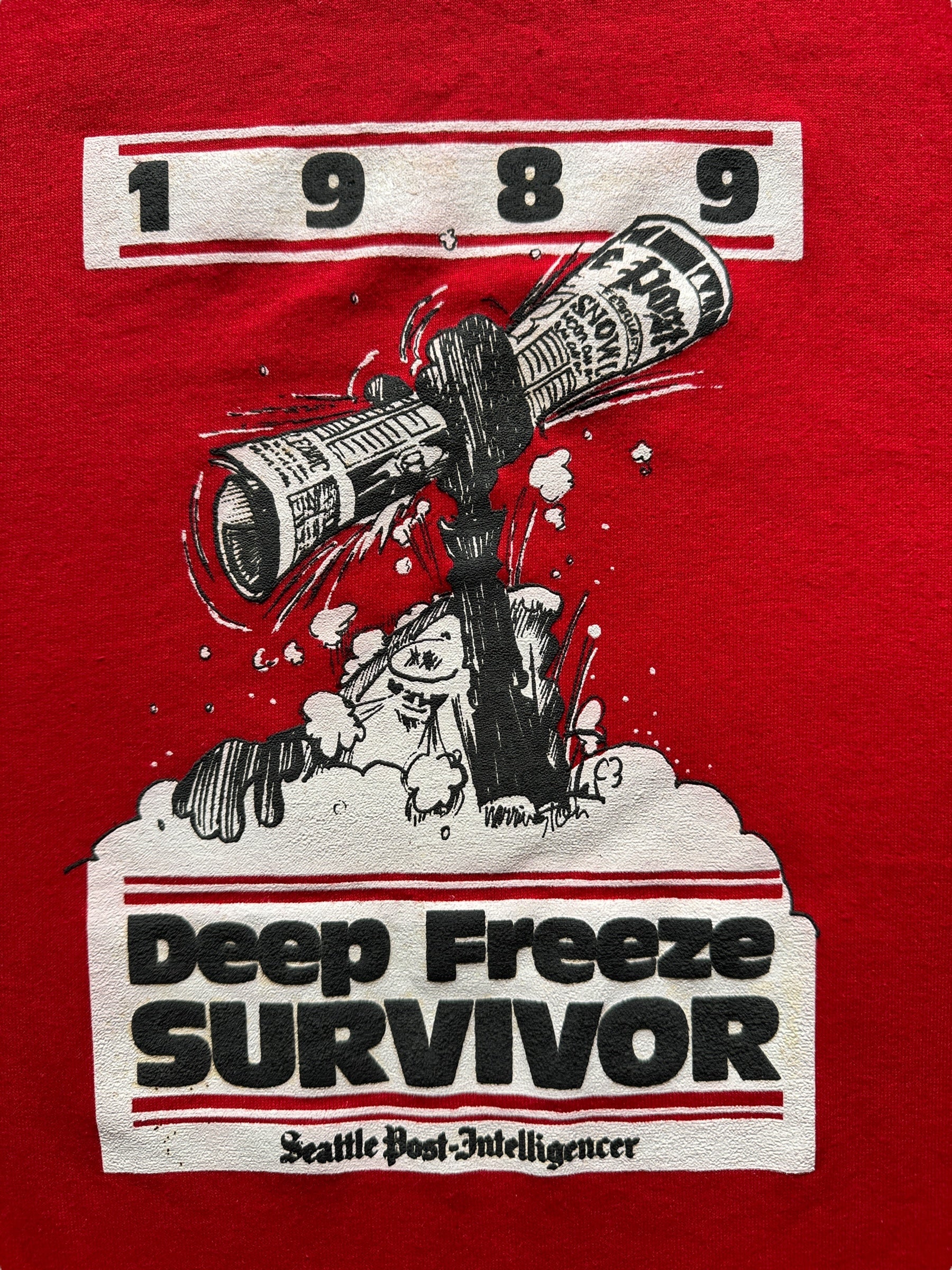 front graphic of Vintage 1989 Seattle Post Intelligencer Deep Freeze Survivor Tee SZ M