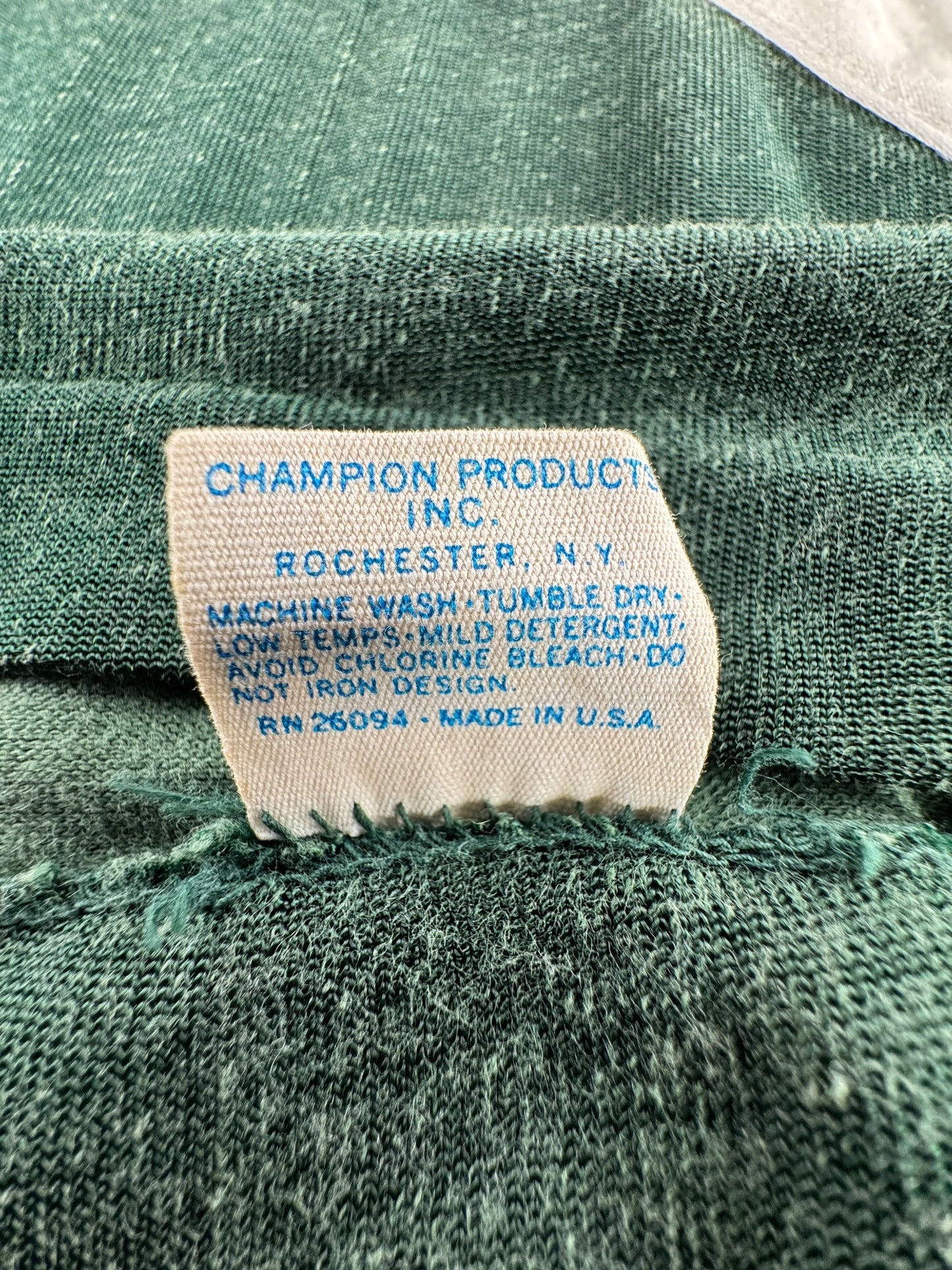 Back of size tag on Vintage Blue Bar Durene Crew Ringer Tee SZ L (Fits M)
