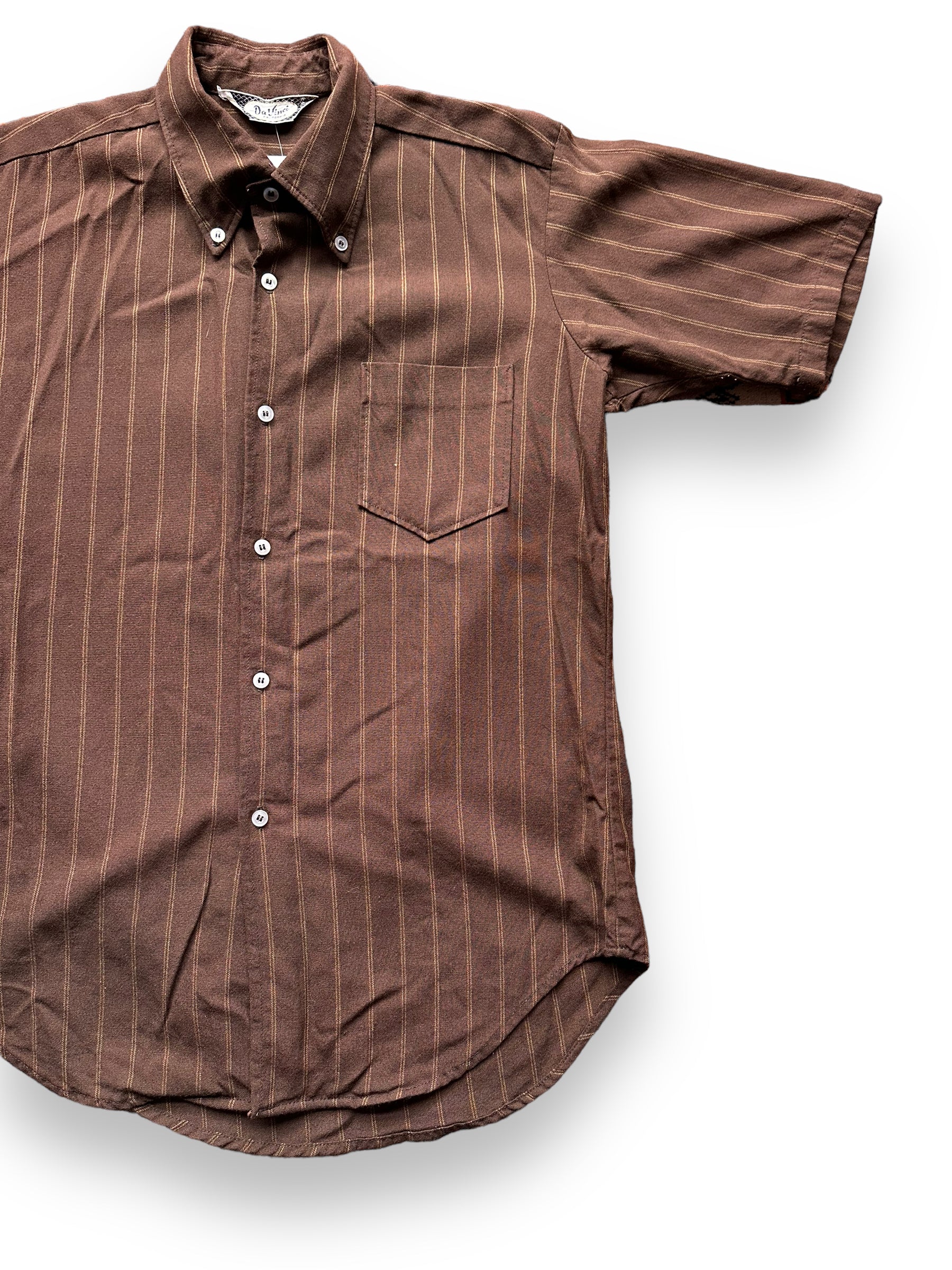 Front Left View of Vintage Davinci Brown Stripe Short Sleeve Button Up Shirt SZ M | Vintage Button Up Shirt Seattle | Barn Owl Vintage Seattle