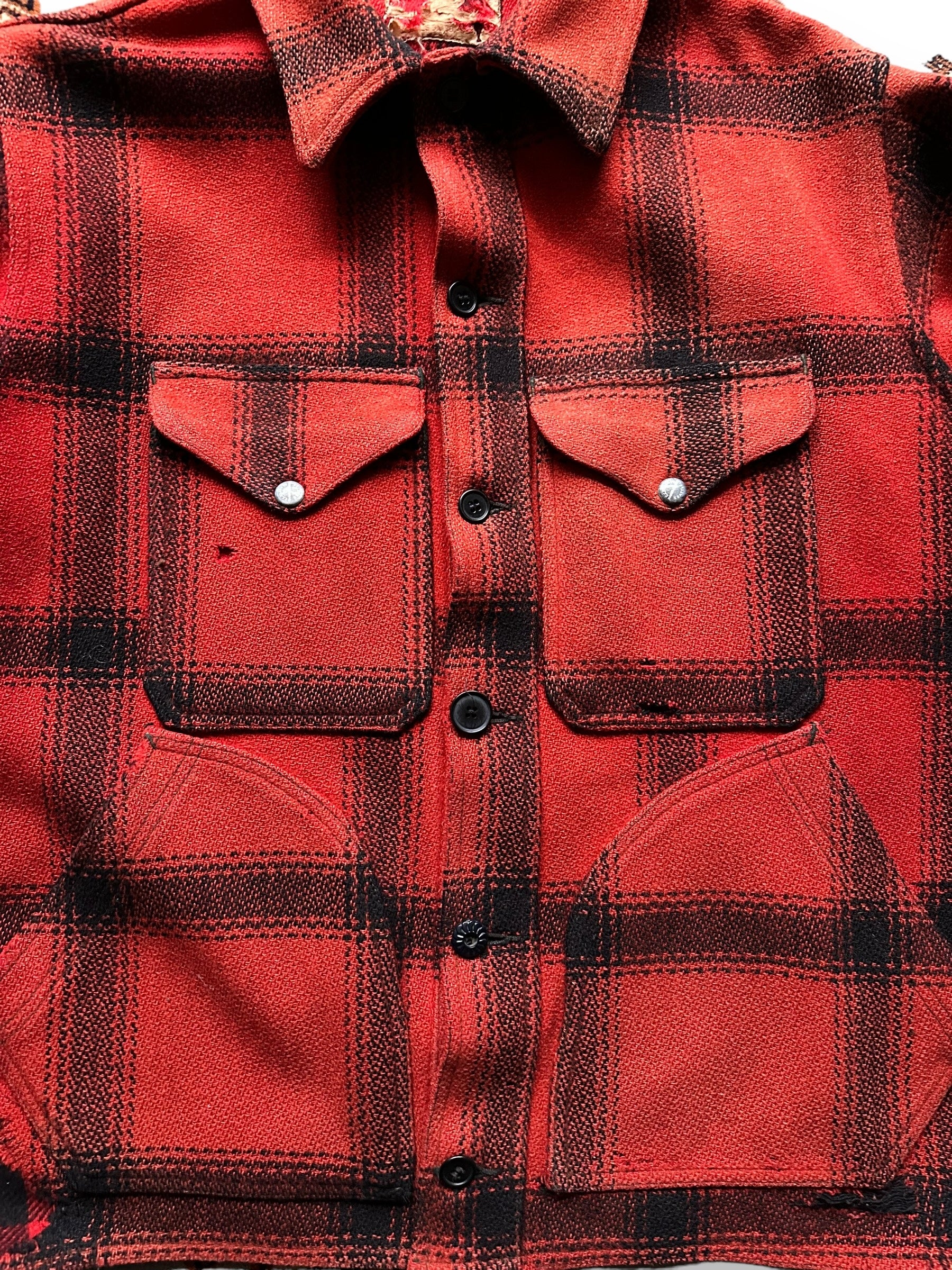 Front Detail of Vintage 75% Red Filson Hunter Wool Jacket SZ 44 | Vintage Filson Workwear Seattle | Vintage Workwear Seattle