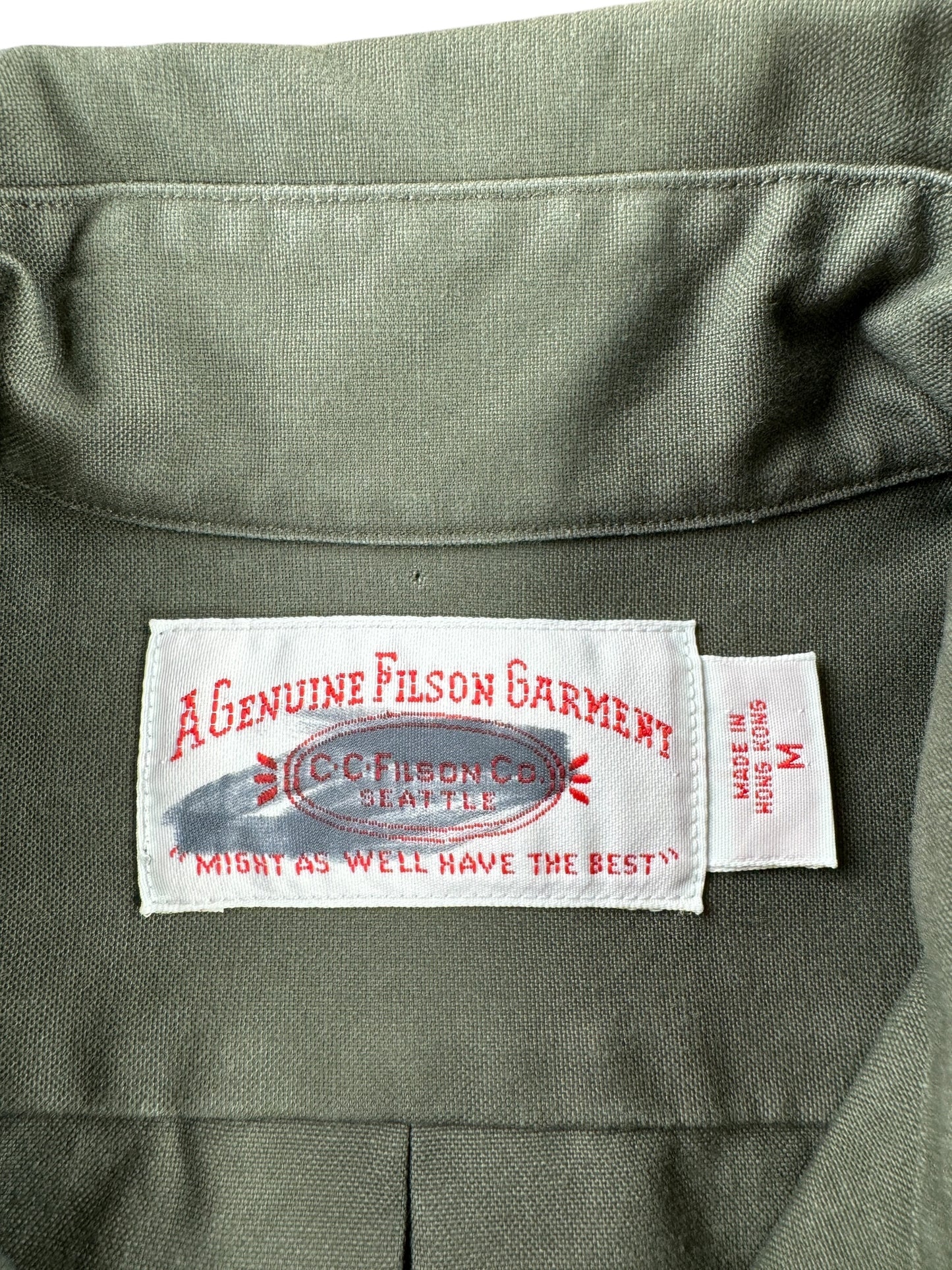 Tag on Olive Green Filson Guide Shirt SZ M