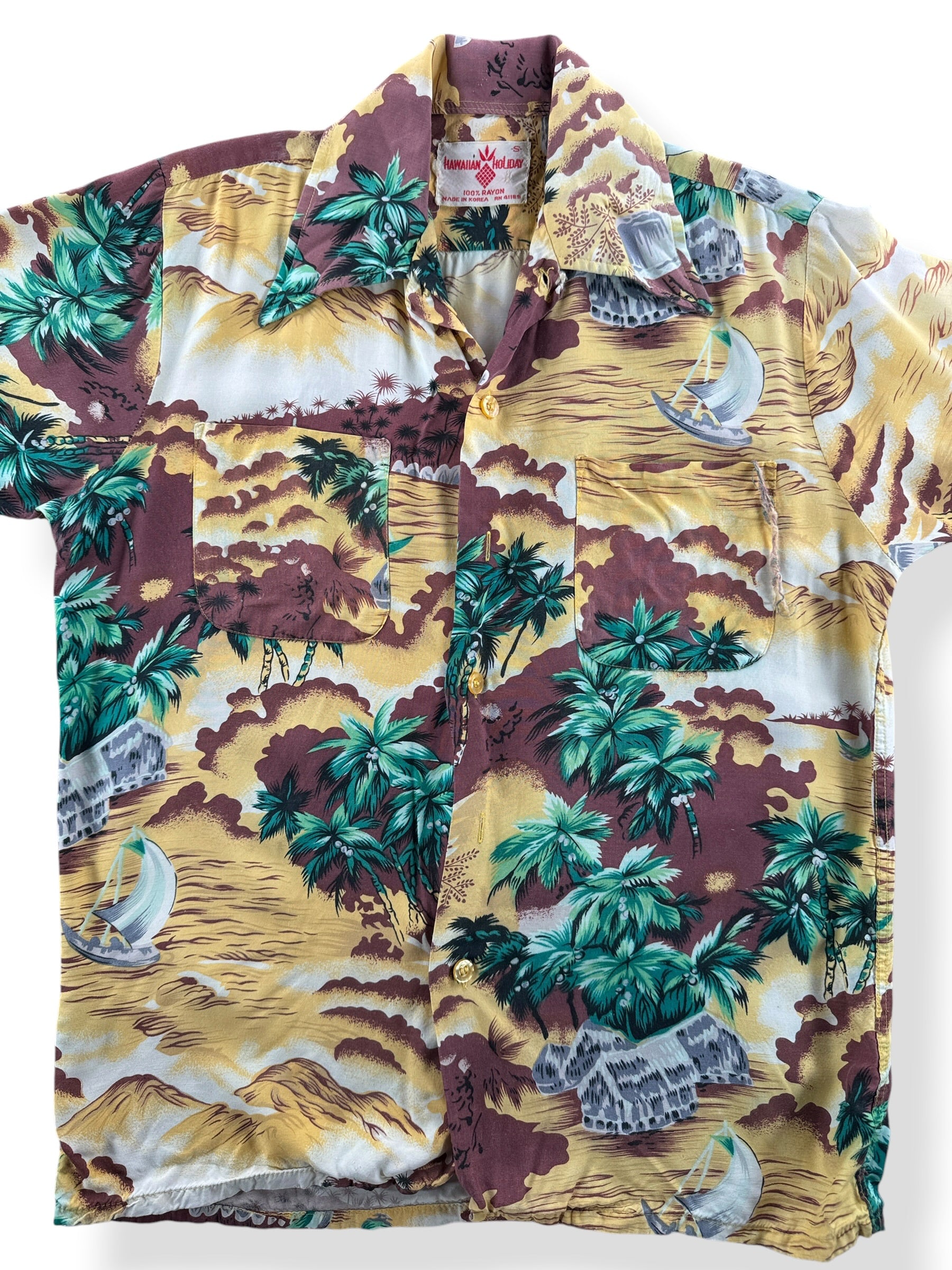 Front Close Up of Vintage Hawaiian Holiday Rayon Fixer Aloha Shirt SZ S
