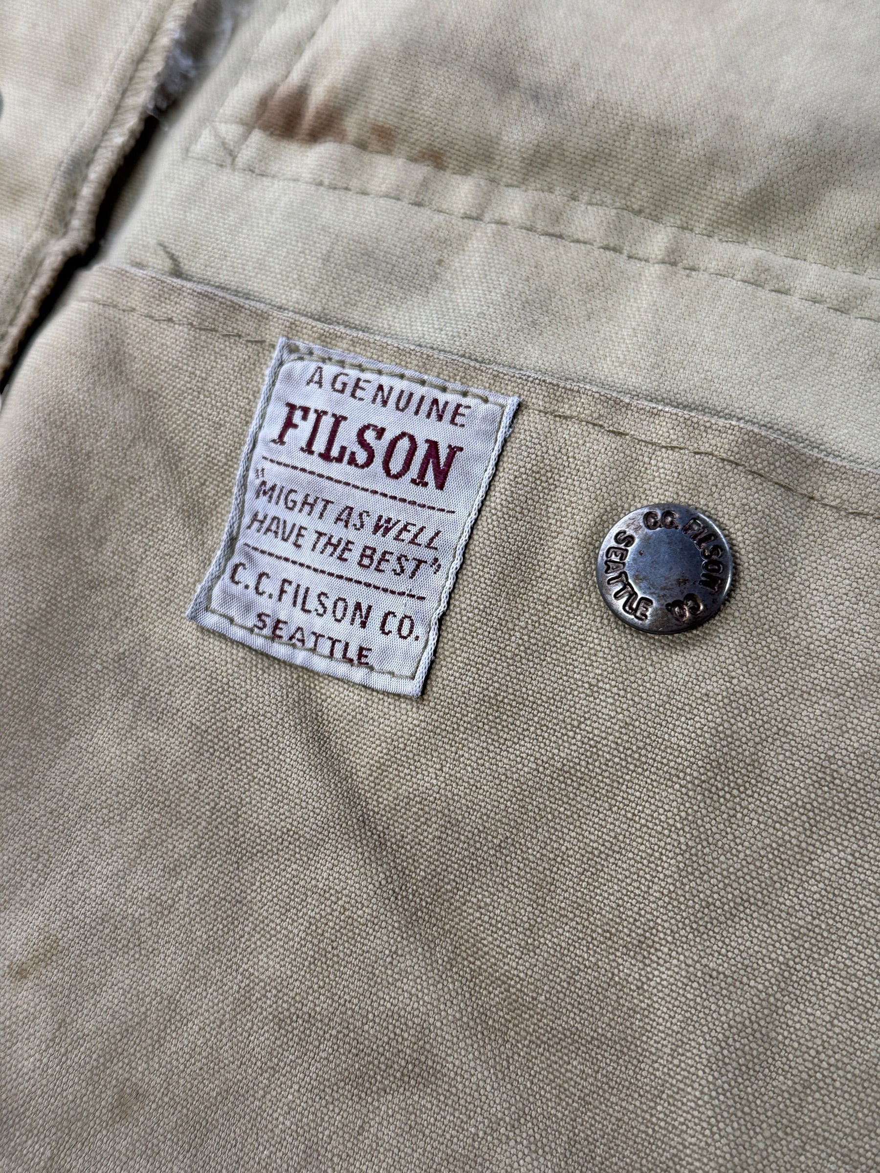 Inner brand tag on Vintage Filson Tin Cloth Vest SZ 40