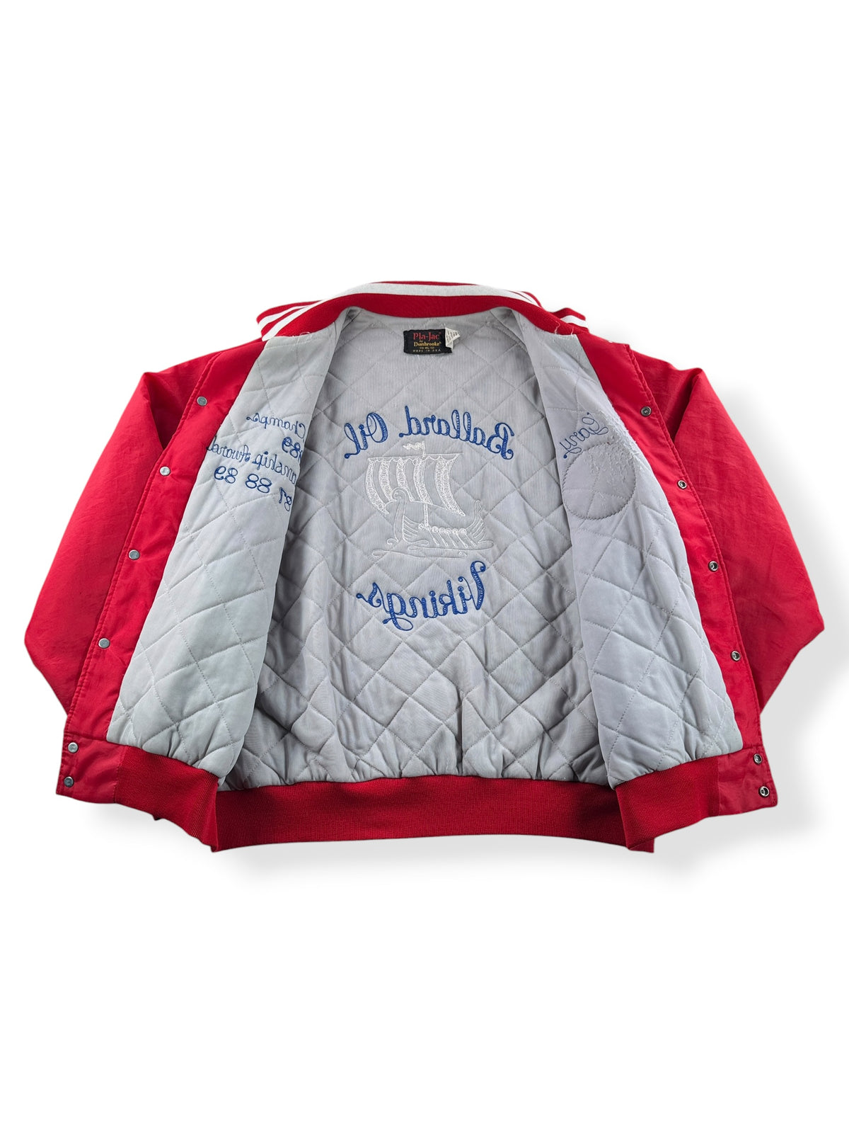 Inside of Vintage Ballard Oil Vikings Chain Stitch Coaches Jacket SZ XL