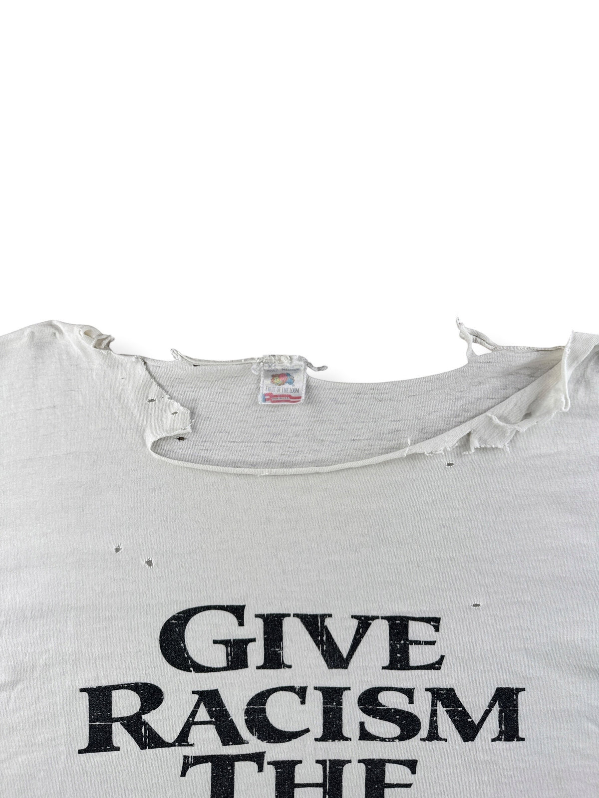 Thrashed collar on Vintage Thrashed Give Racism The Boot Timberland Tee SZ XL