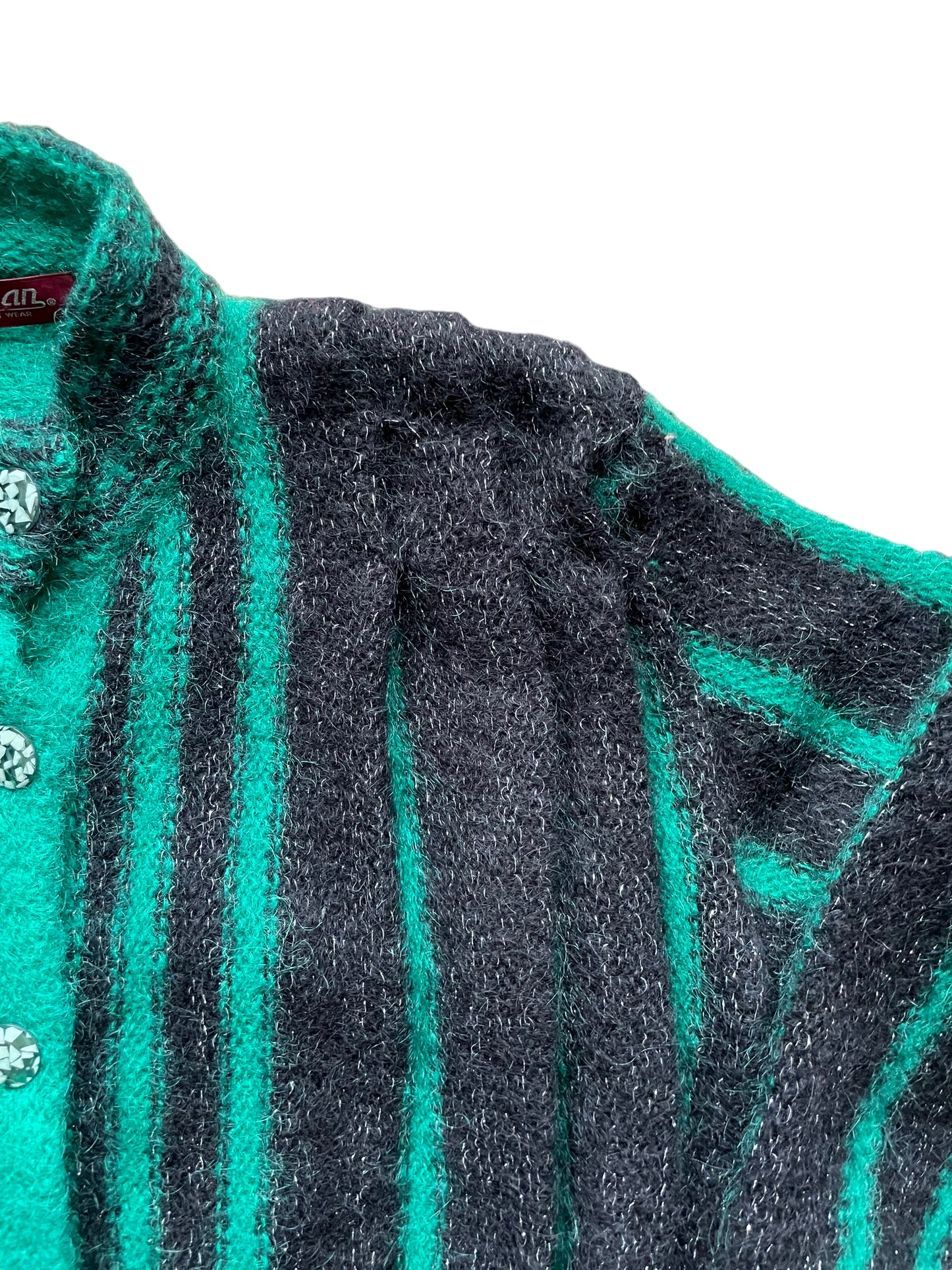 Front left shoulder vie wof Vintage 80s Green and Black Sparkly Cardigan SZ L | Seattle True Vintage | Barn Owl Vintage Womens Clothing