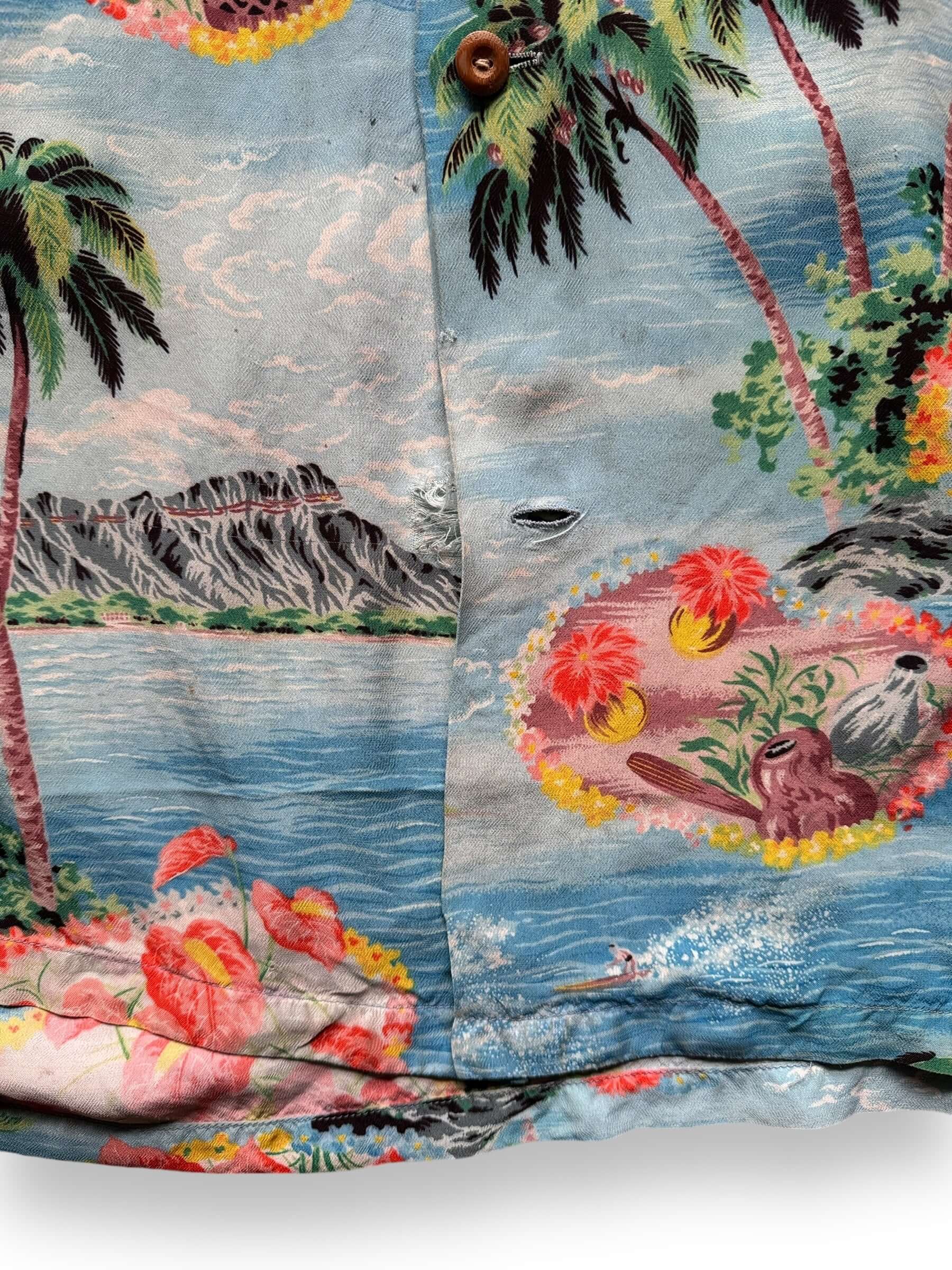 Some Wear On Front of Vintage Golden Lotus Kabe Crepe Aloha Shirt SZ L