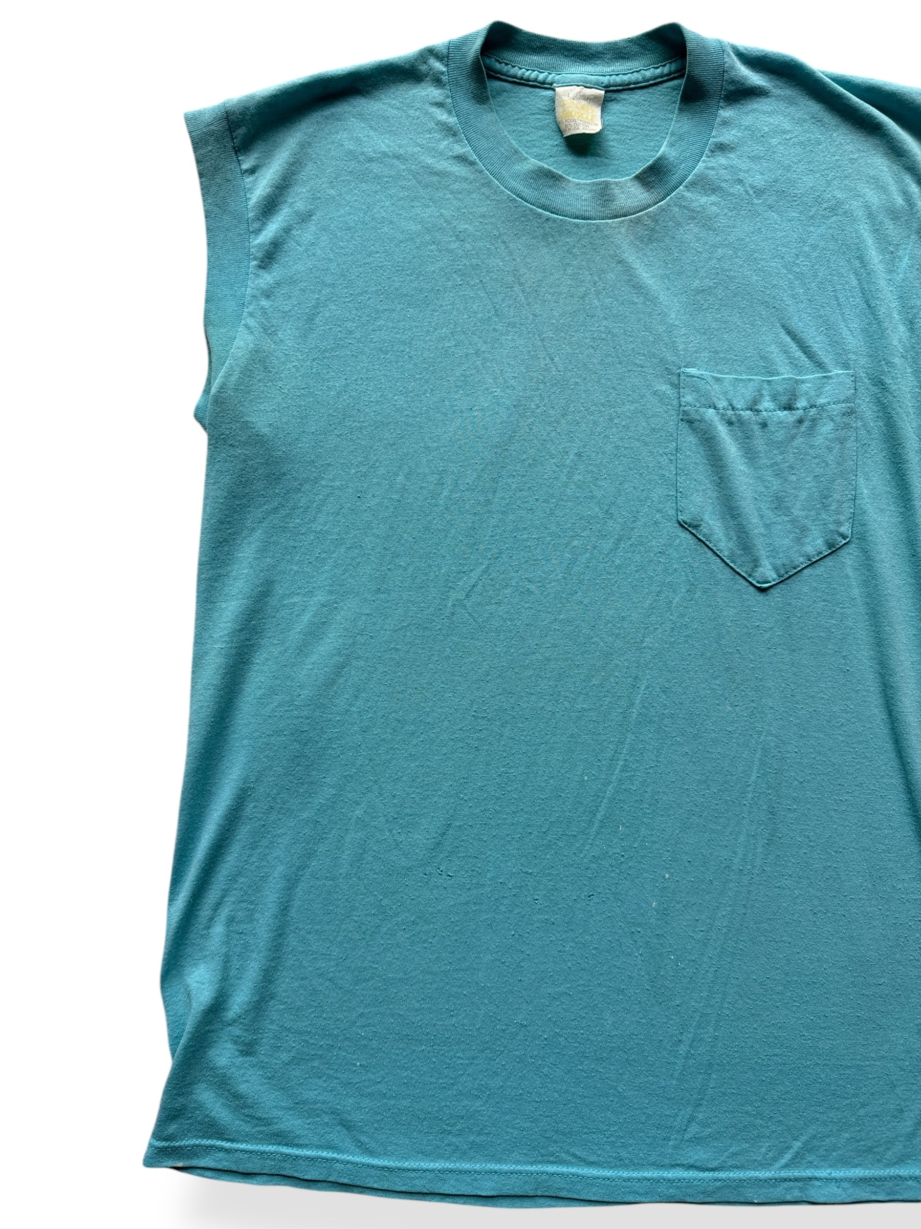 Front Right of Vintage Teal Sleeveless Pocket Tee SZ L