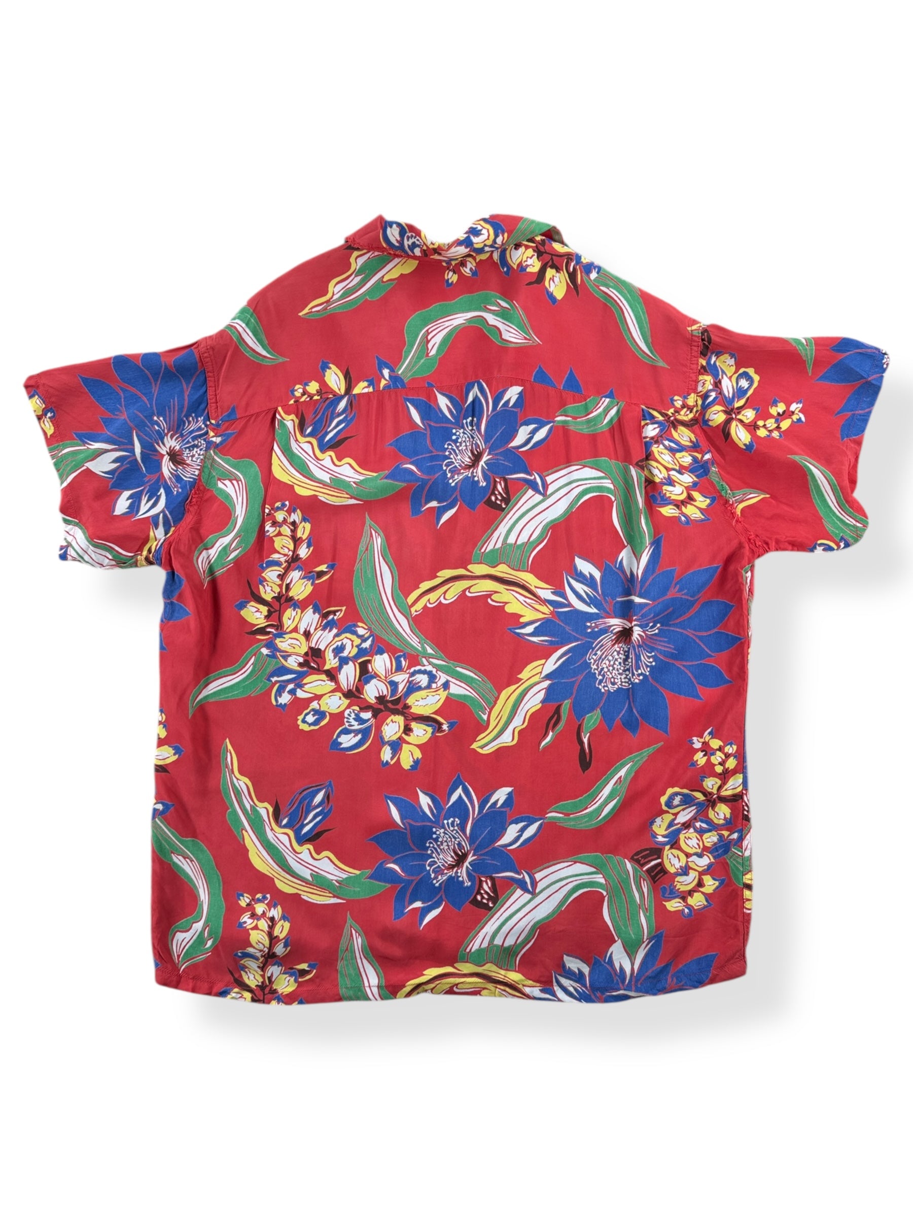 Back of Vintage Made in California Red Floral Rayon Aloha Shirt SZ M