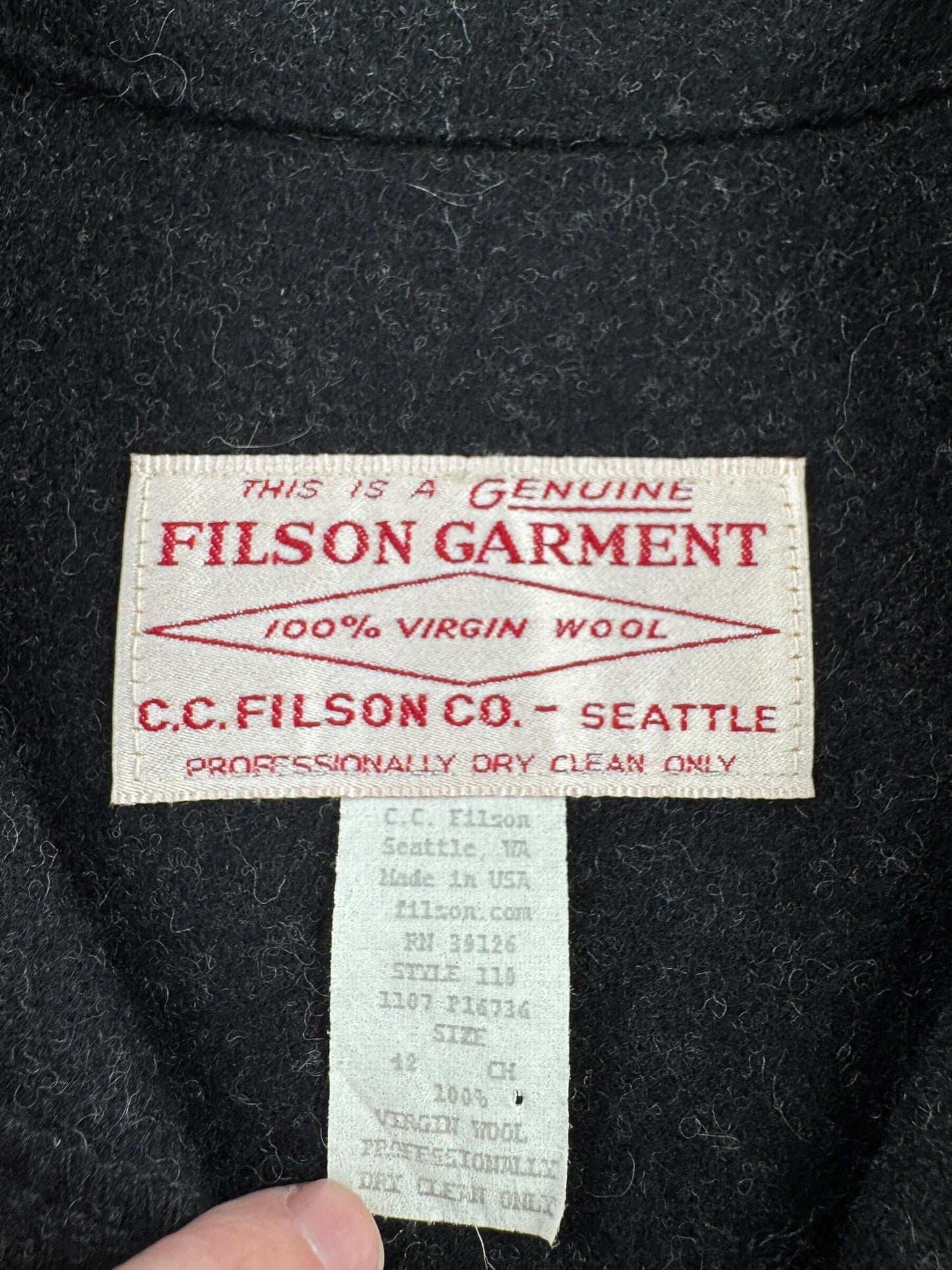 Tag on Filson Mackinaw Charcoal Jacket SZ 42