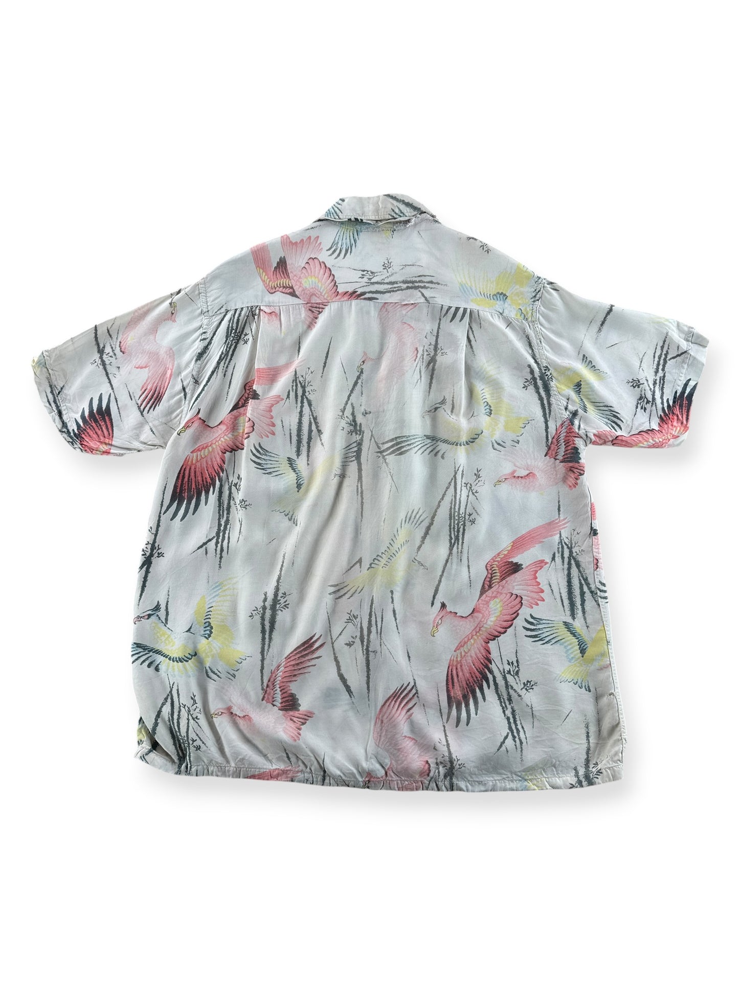 Back of Vintage Penney's Pink Flamingoes Rayon Aloha Shirt SZ M - AS IS