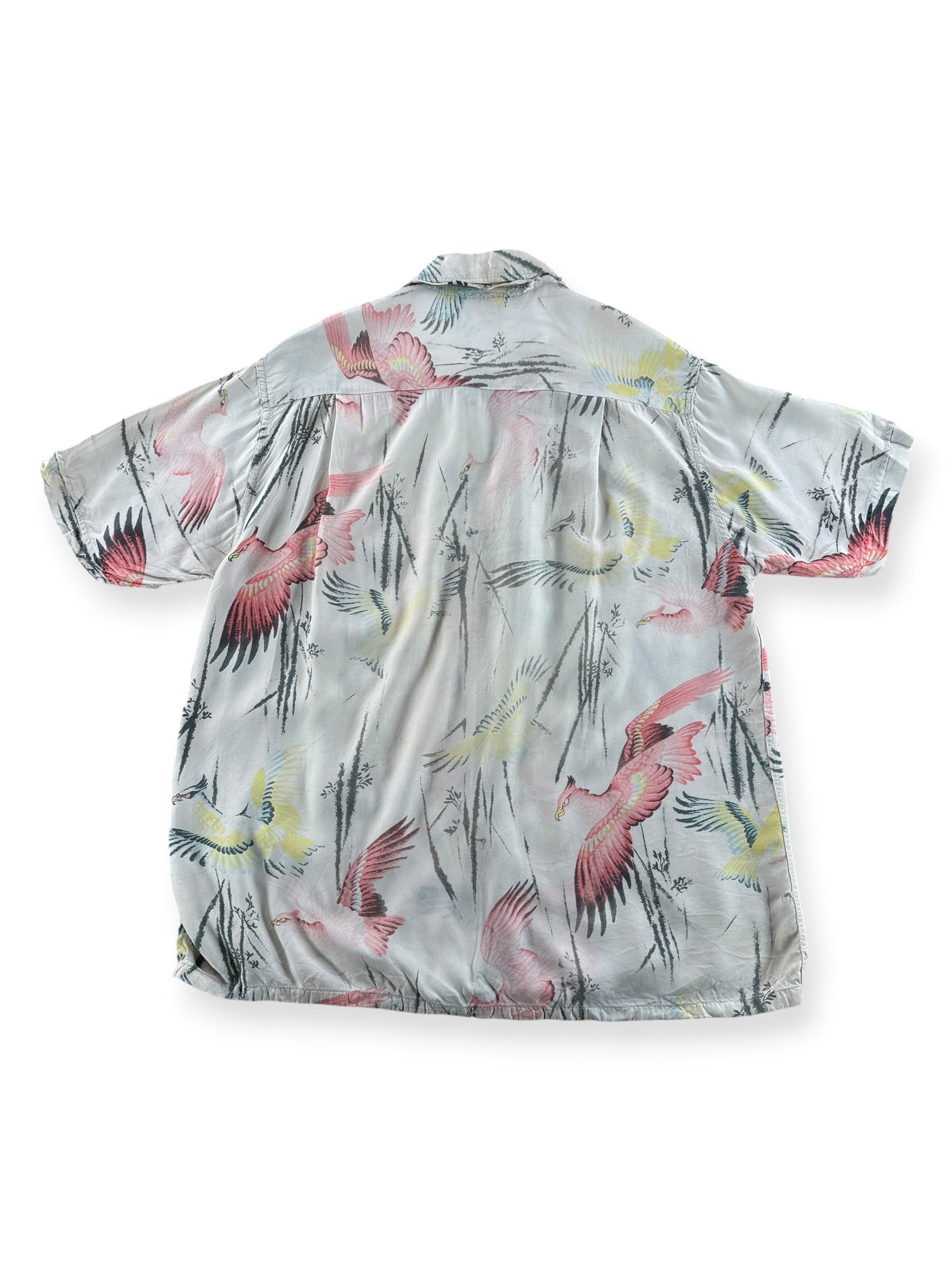 Back of Vintage Penney's Pink Flamingoes Rayon Aloha Shirt SZ M - AS IS
