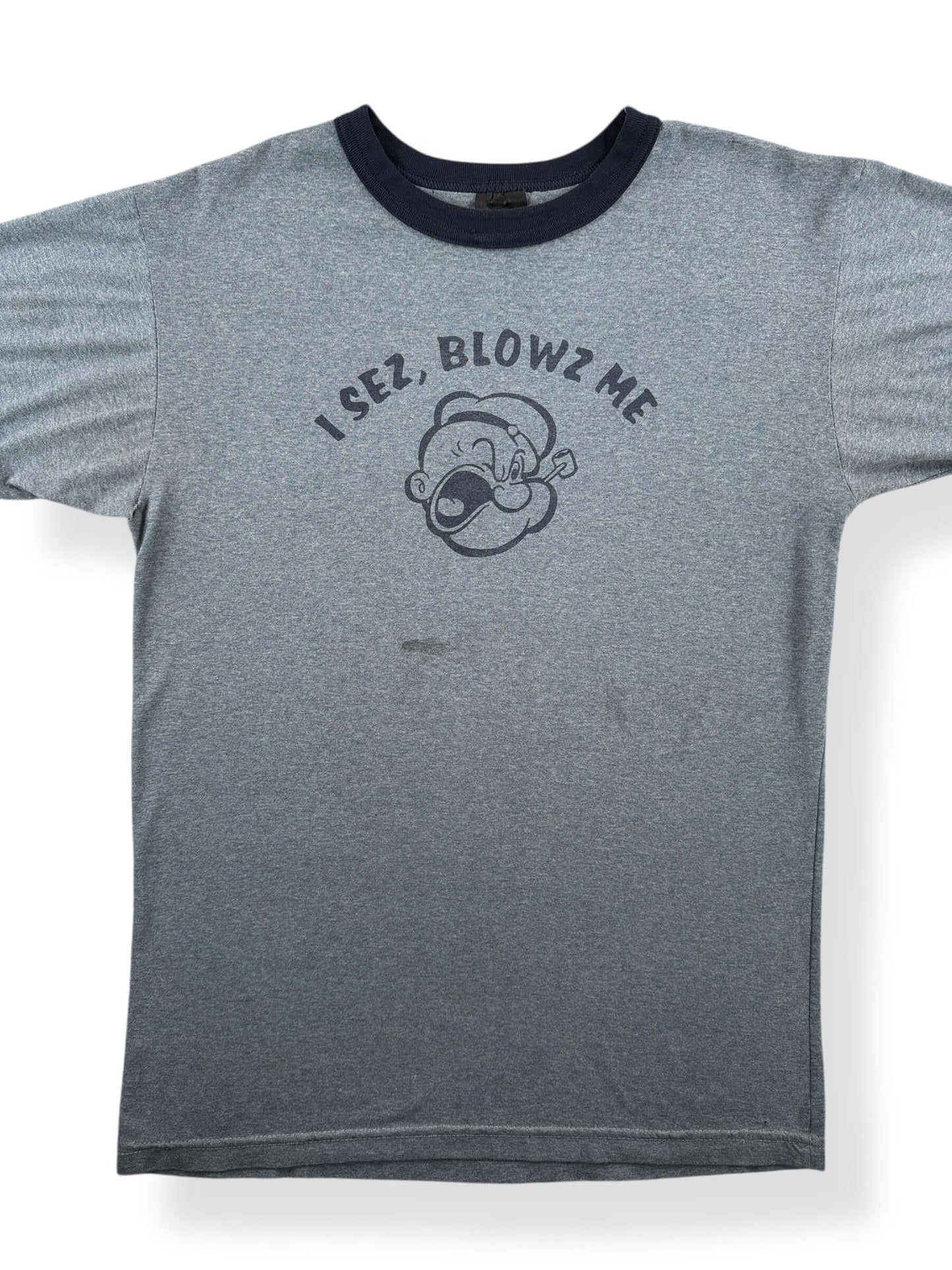 Front Close Up of Vintage Popeye Blow Me Ringer Tee SZ M