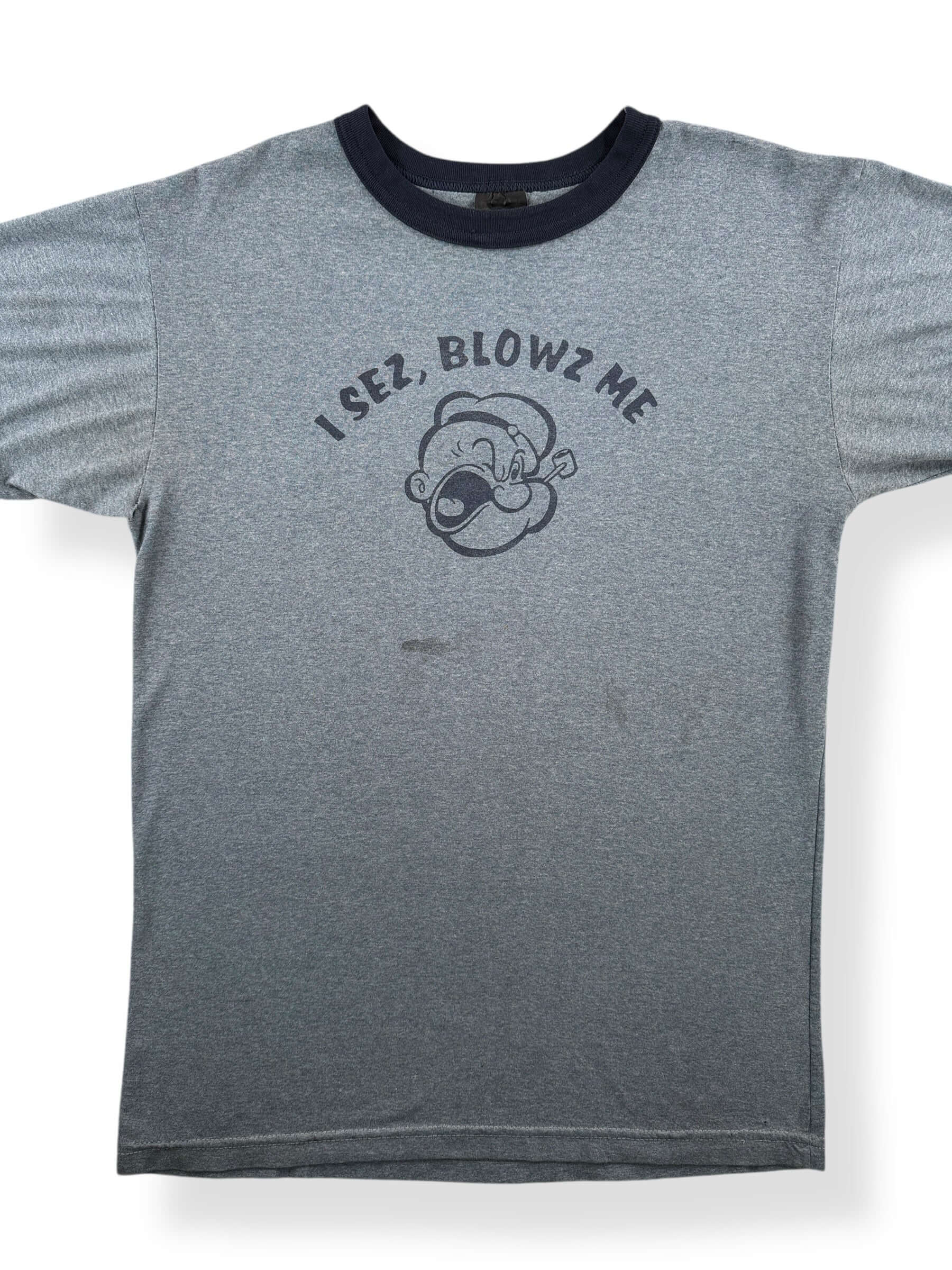Front Close Up of Vintage Popeye Blow Me Ringer Tee SZ M