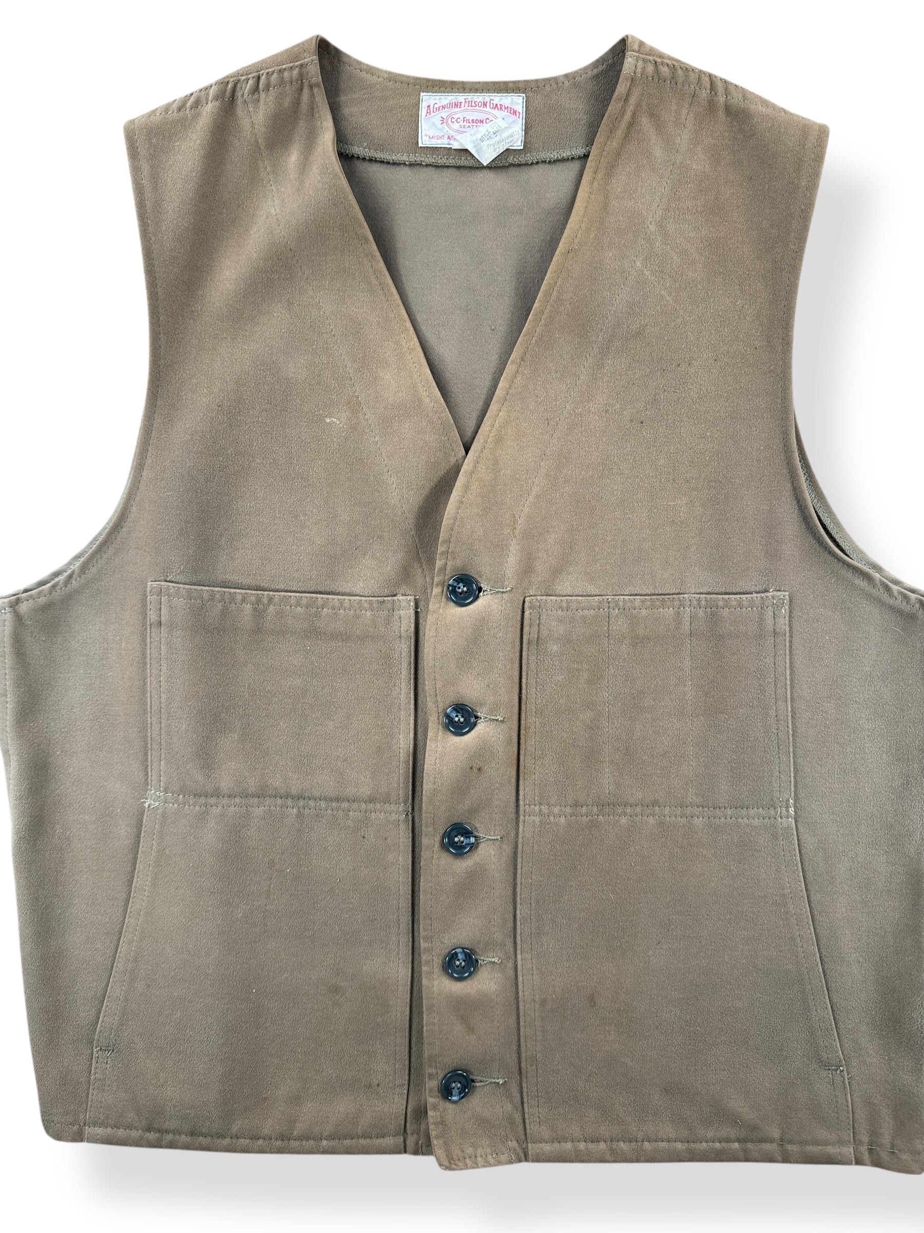 Front Close Up of Vintage Filson Moleskin Vest SZ 46