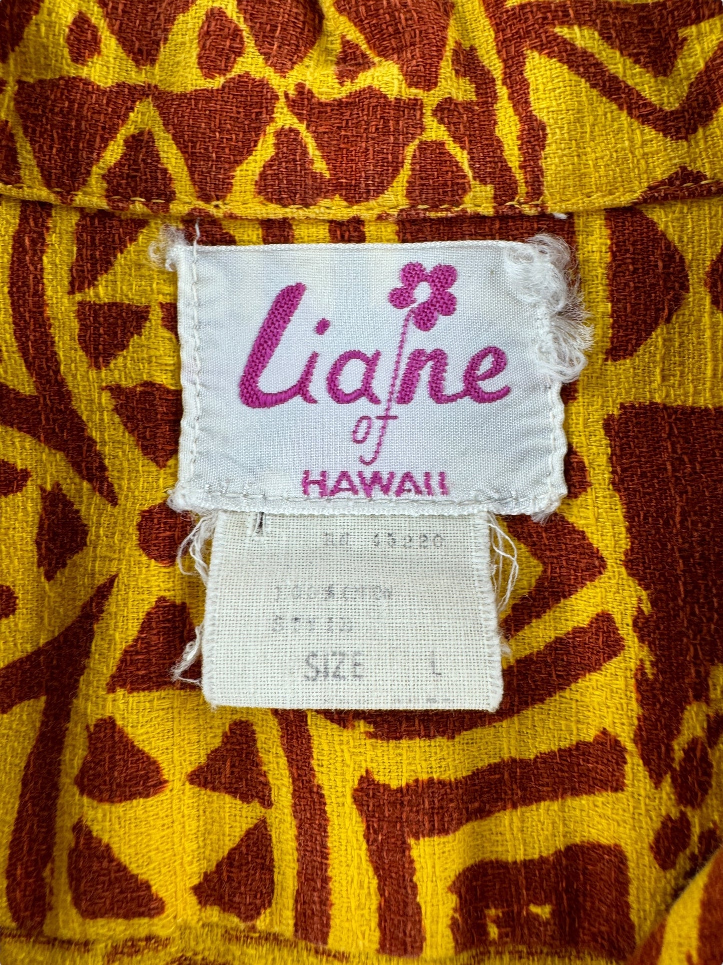 Front Graphic of Vintage Liane Bark Cloth Aloha Shirt SZ L