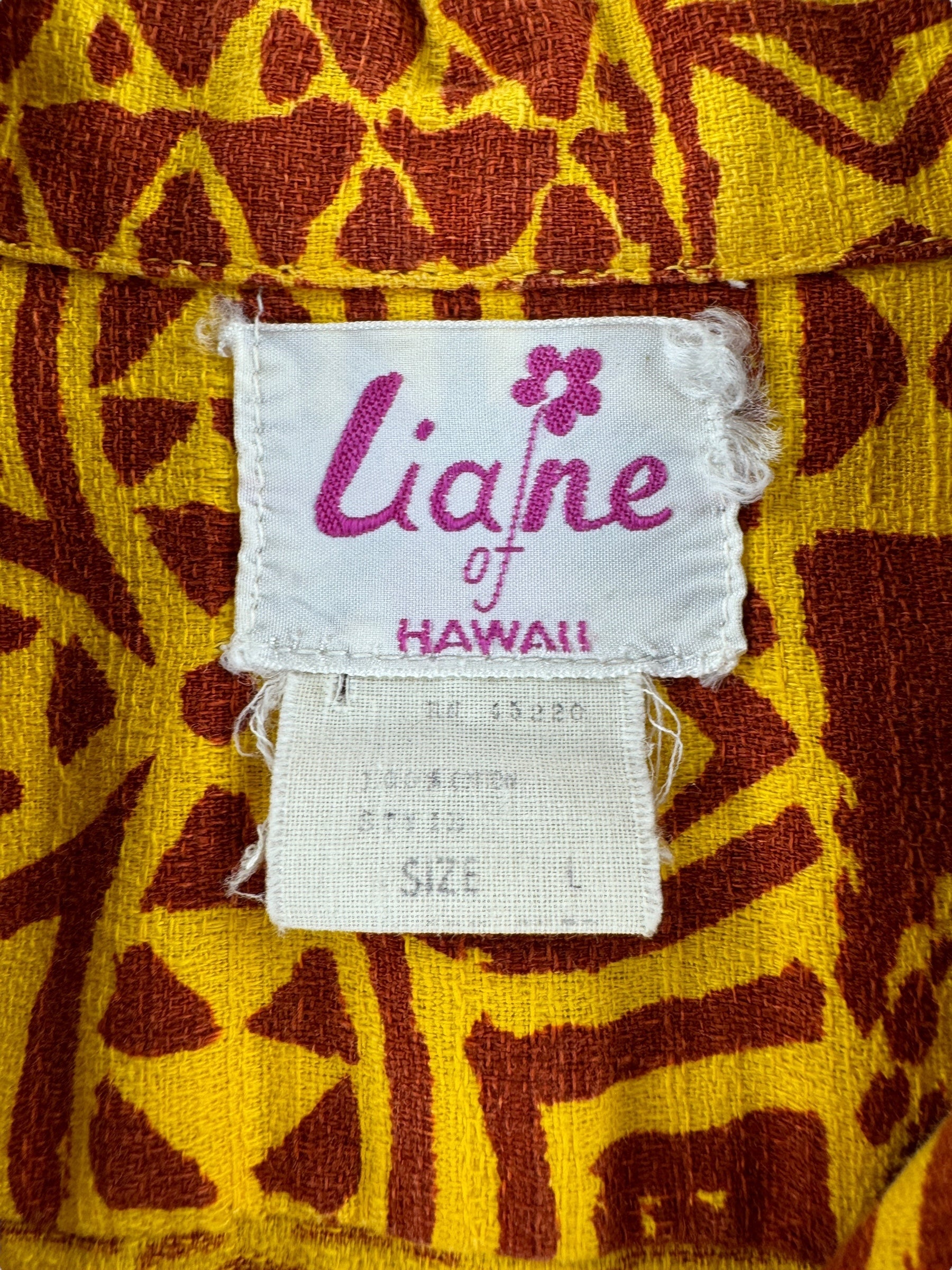 Front Graphic of Vintage Liane Bark Cloth Aloha Shirt SZ L