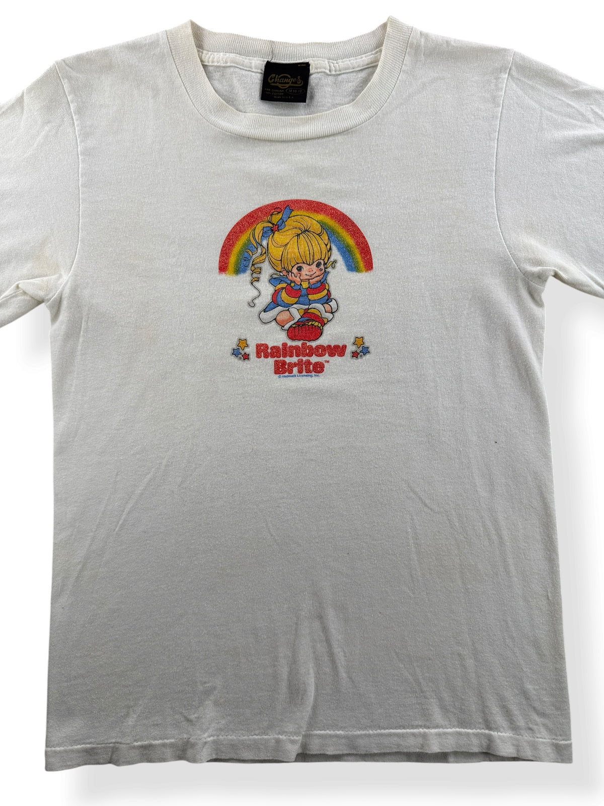 Close-up of Vintage Rainbow Brite Glitter Print Baby Tee SZ S