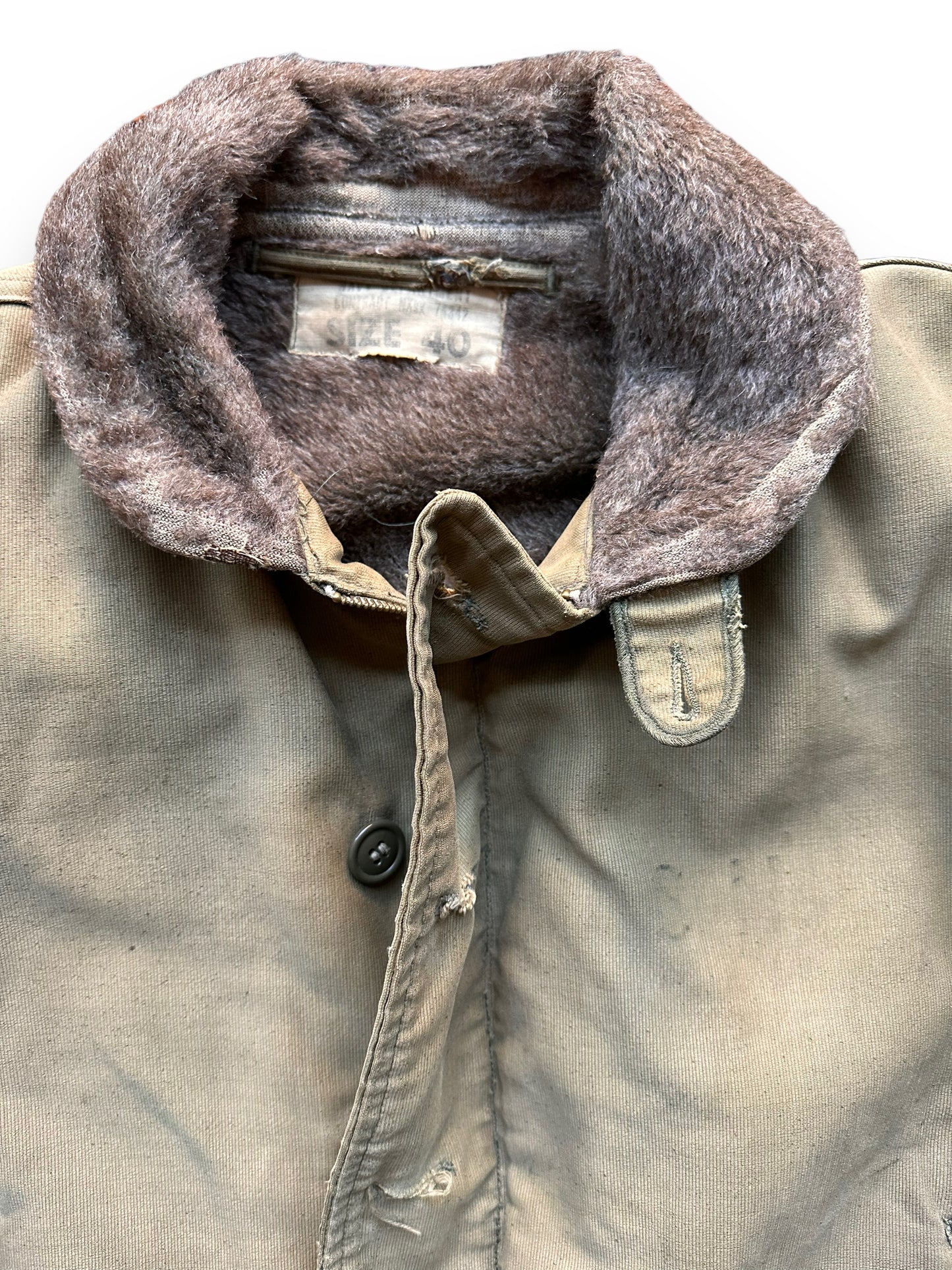 Collar View of Vintage WWII N-1 Deck Jacket SZ 40 |  Vintage Military N1 Deck Jacket Seattle |  Barn Owl Vintage Seattle