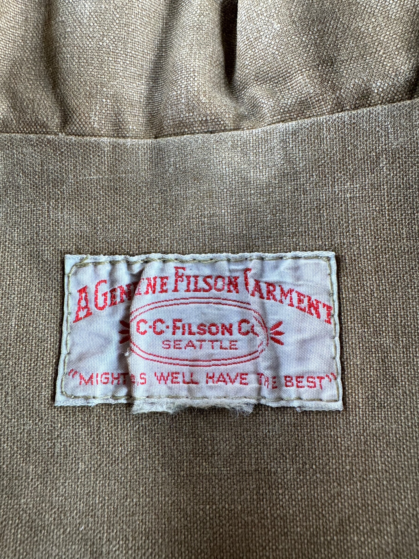 Label on Vintage Filson Tin Cloth Jacket SZ M