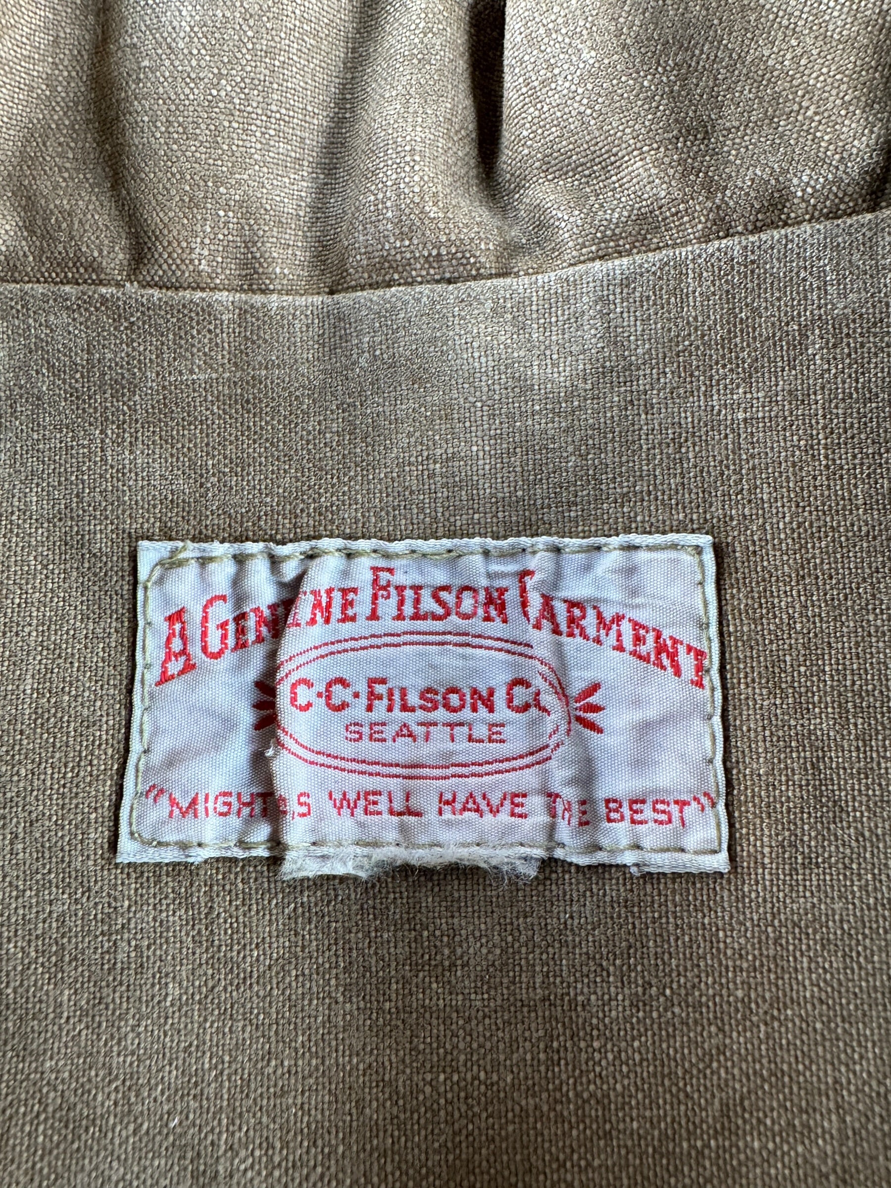 Label on Vintage Filson Tin Cloth Jacket SZ M