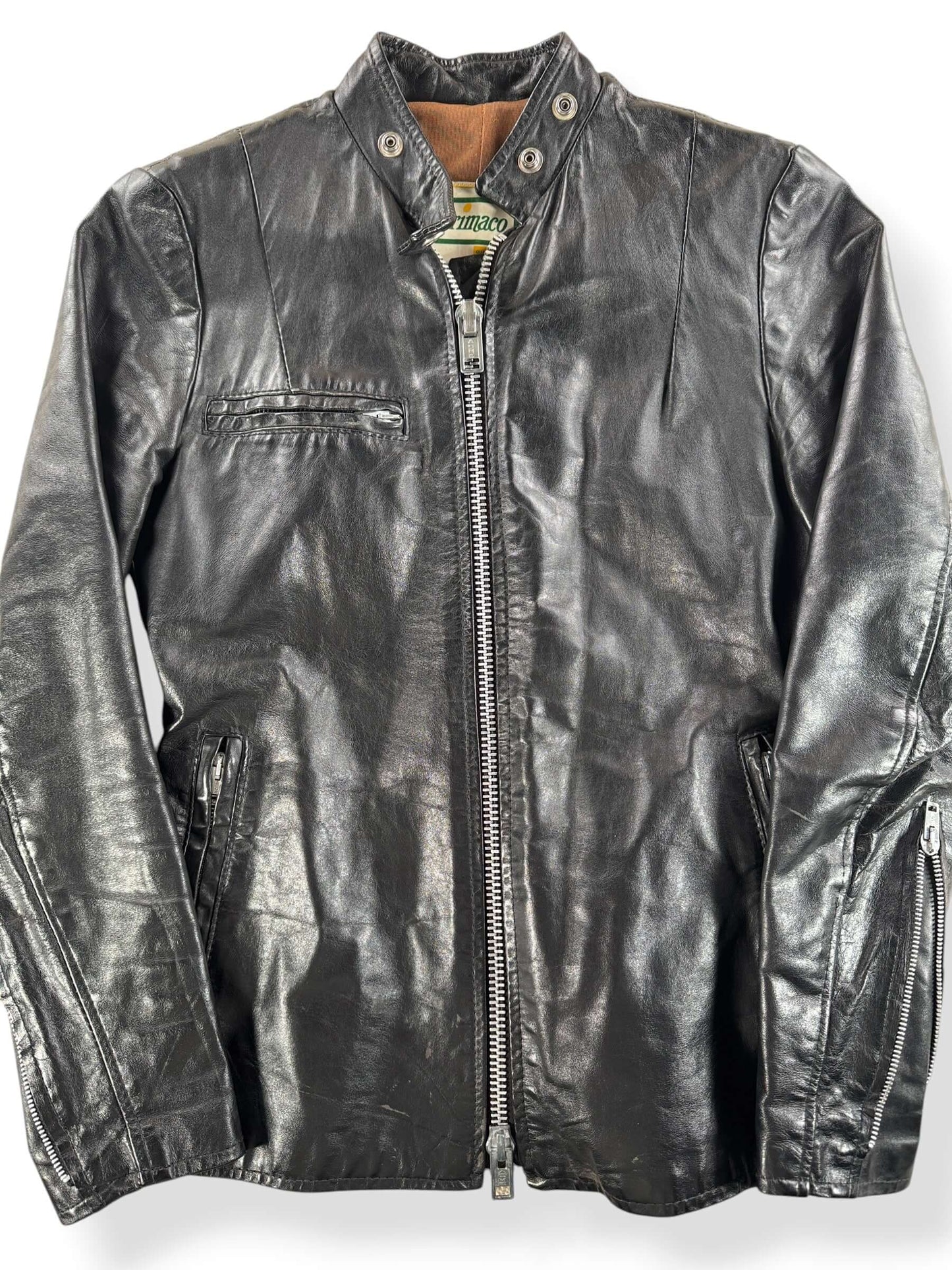 Front Close Up of Vintage Brimaco Leather Cafe Racer Jacket SZ 10