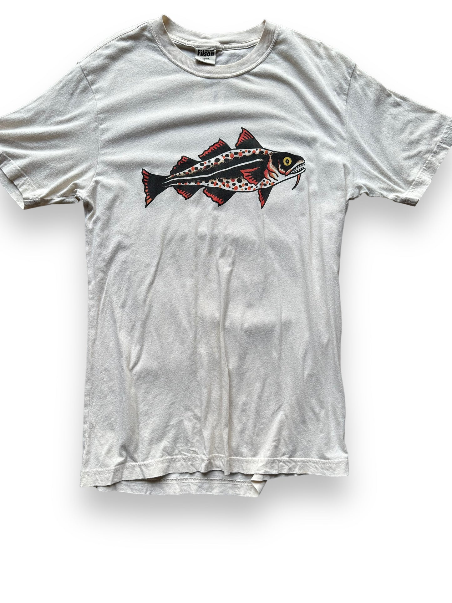 Front Detail on Filson Fish Graphic Tee SZ XS |  Barn Owl Vintage Goods | Vintage Filson Workwear Seattle