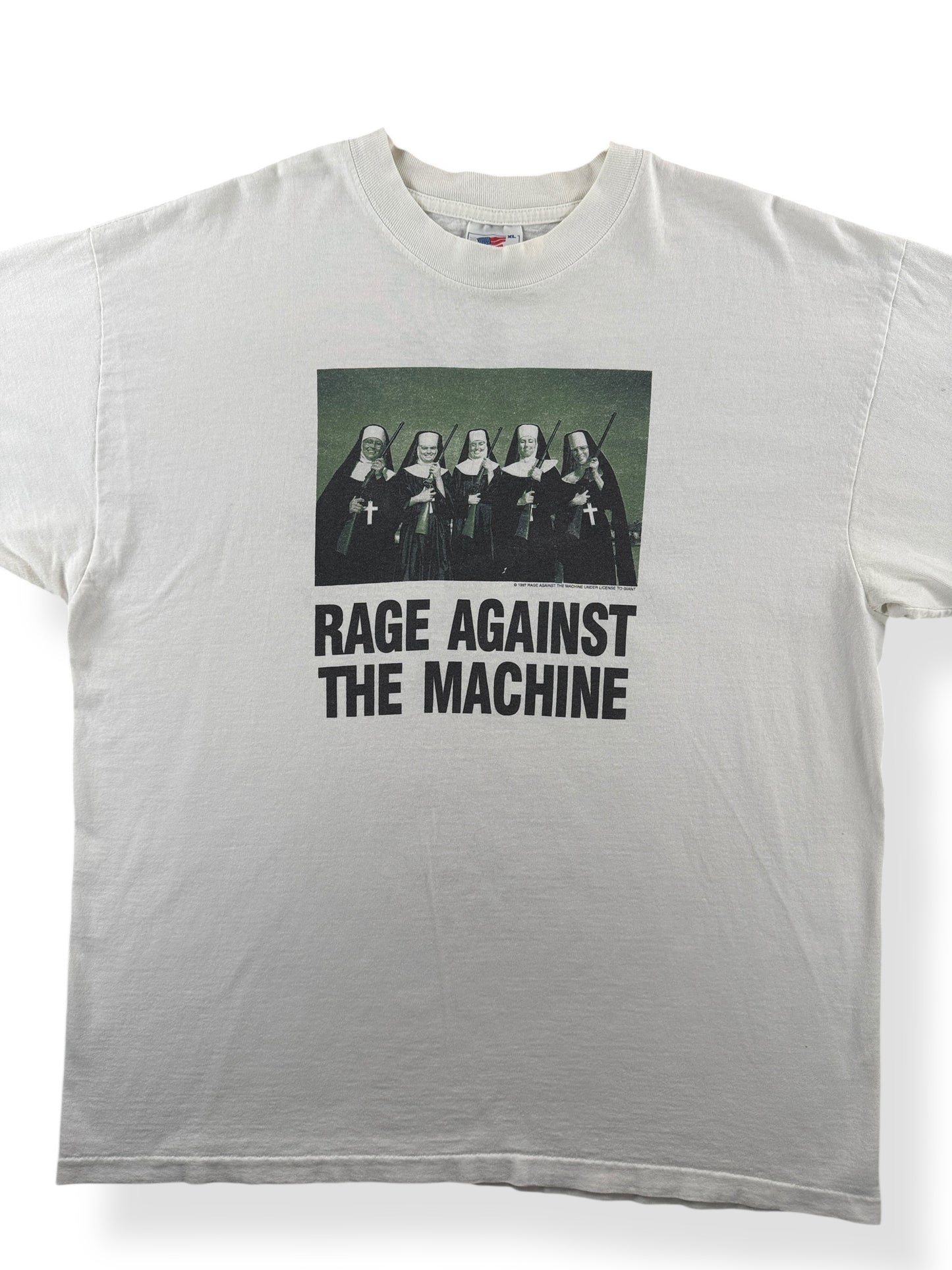 Front Close Up of Vintage 1997 Rage Against the Machine Nuns Tee SZ XL