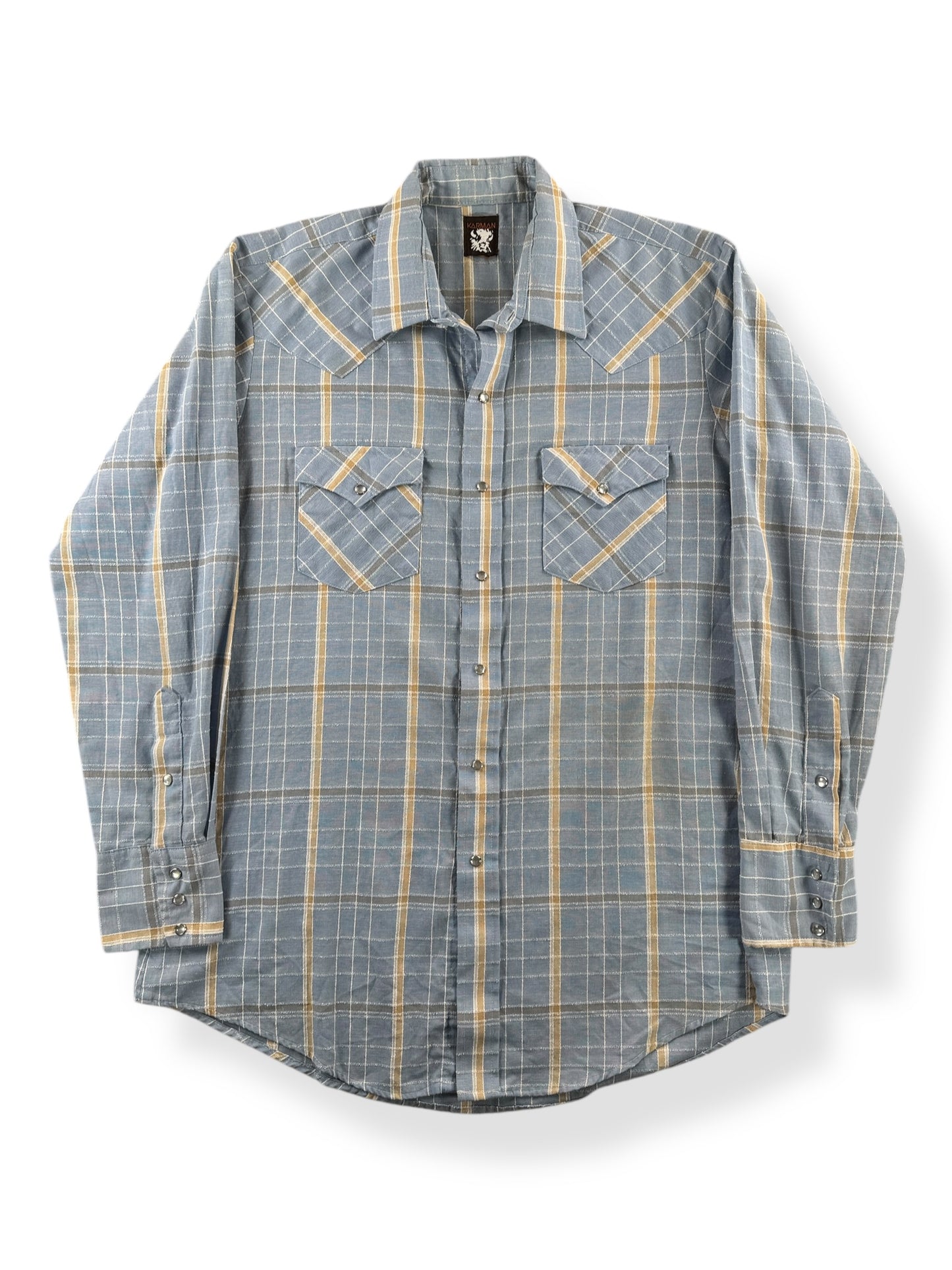 Front of Vintage Karman Cotton/Poly Pearl Snap Western Shirt SZ L