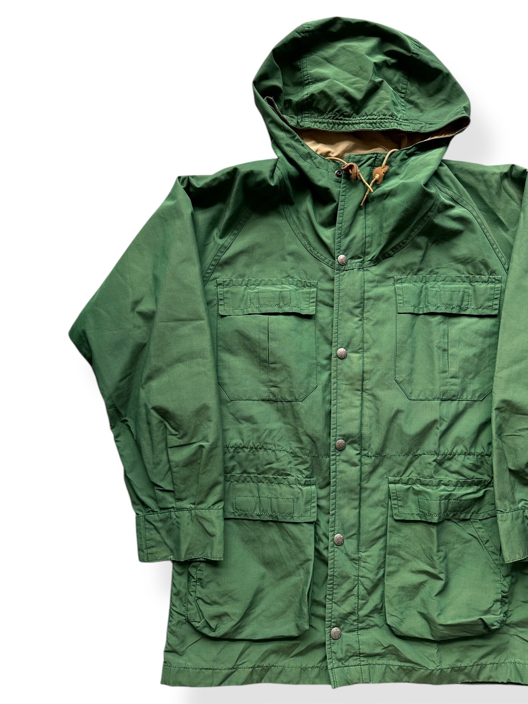 Front Right of Vintage Sierra Designs Green Rain Parka SZ S